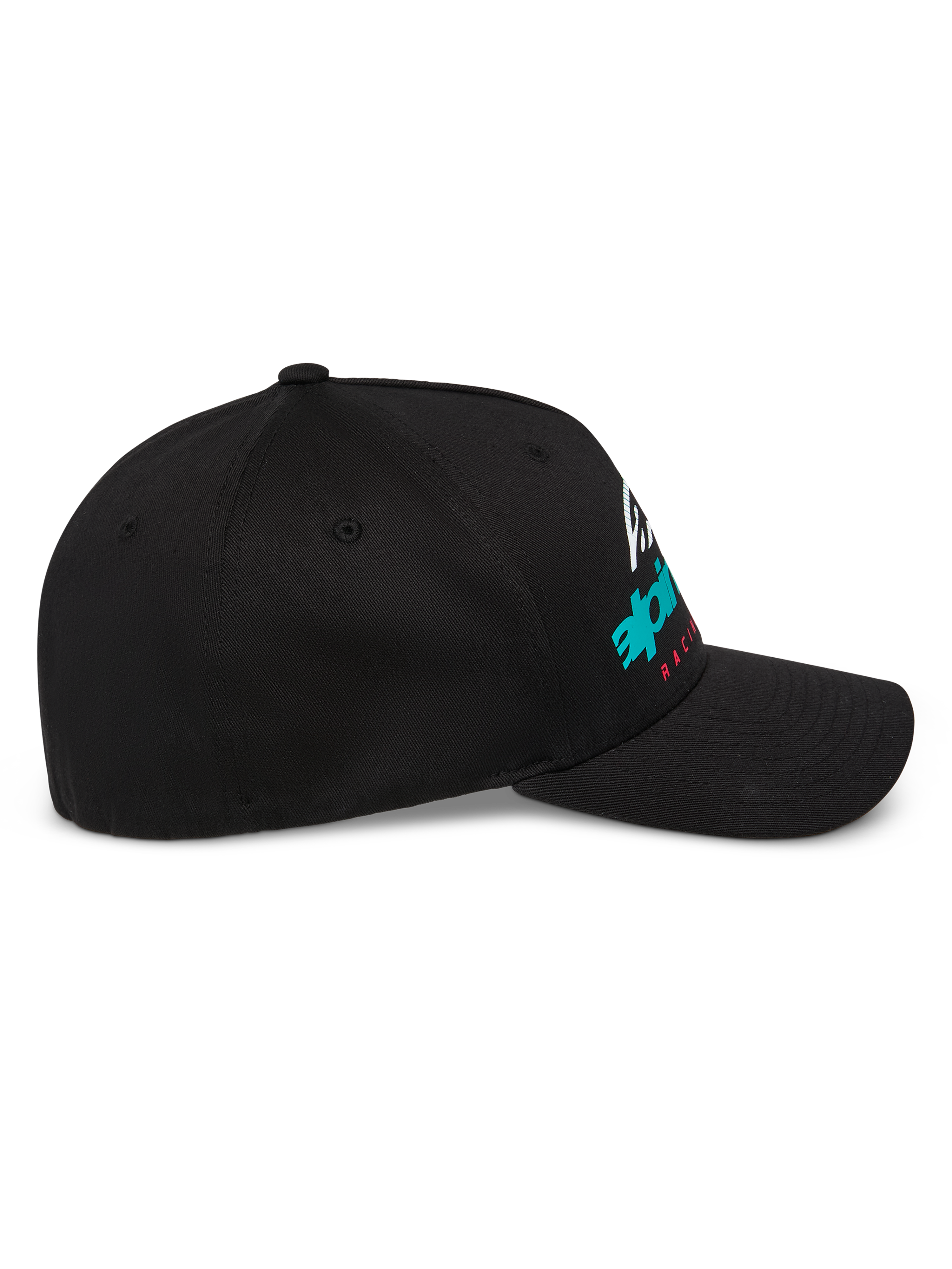 Alpinestars Instinct Pet, gestructureerde baseballcap, zwart, zijprofiel met gebogen klep en Astars-logo met kleurverloop, casual motorsport streetwear