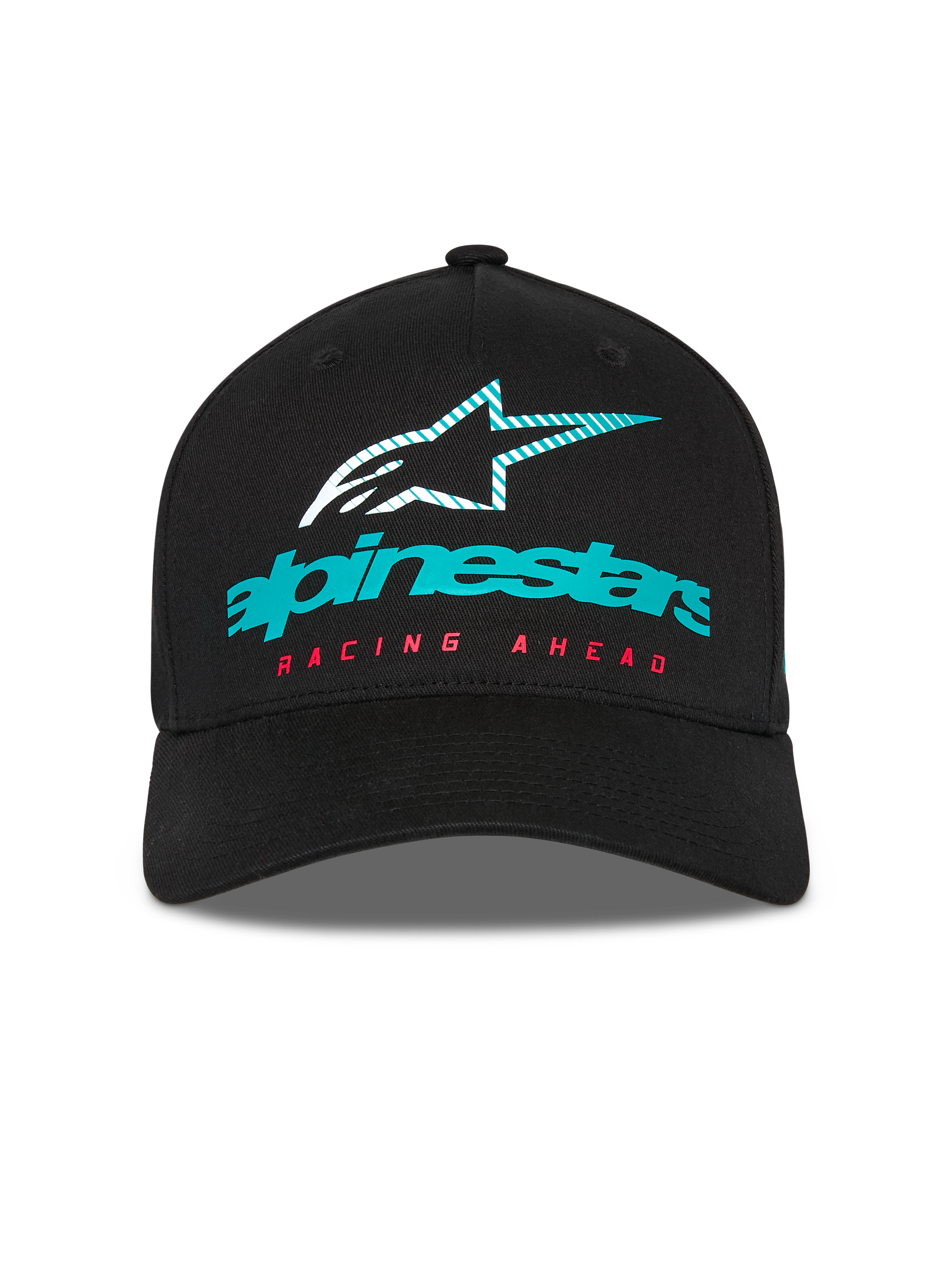 Alpinestars Instinct pet, gestructureerde baseballcap, zwart, voorzien van een blauwgroen Alpinestars-logo met een gestreept ster-icoon en rode 'RACING AHEAD'-tekst, gebogen klep, casual motorsport streetwear