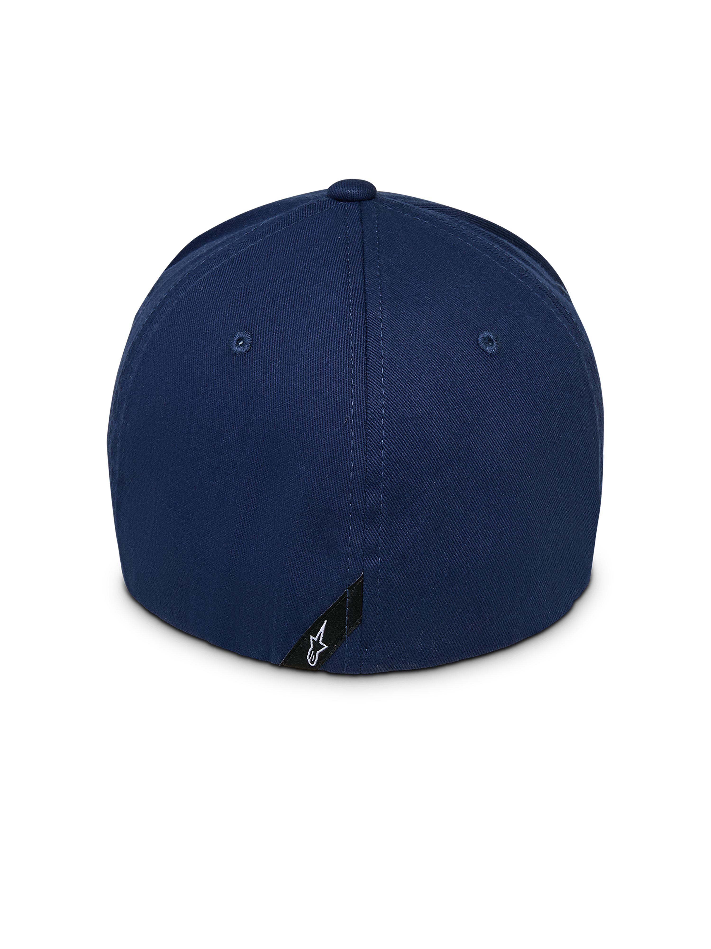 Alpinestars Instinct pet, marineblauwe baseballpet, achteraanzicht met gestructureerde bovenkant en flexibele achterkant, voorzien van een klein zwart label met wit Astars ster-logo aan de onderrand