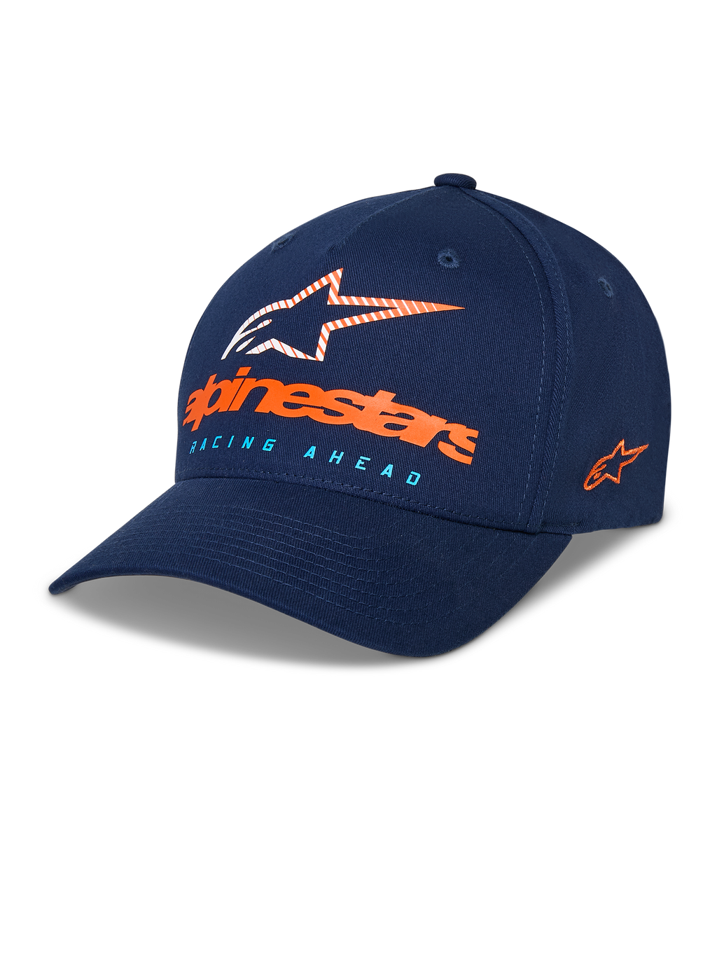 Alpinestars Instinct pet, donkerblauwe baseballcap, gebogen klep met gestructureerde bovenzijde, Astars-logo op de voorzijde met oranje woordmerk en lichtblauwe 'Racing Ahead' tekst, geborduurd logo aan de zijkant, casual sportieve hoofdbedekking