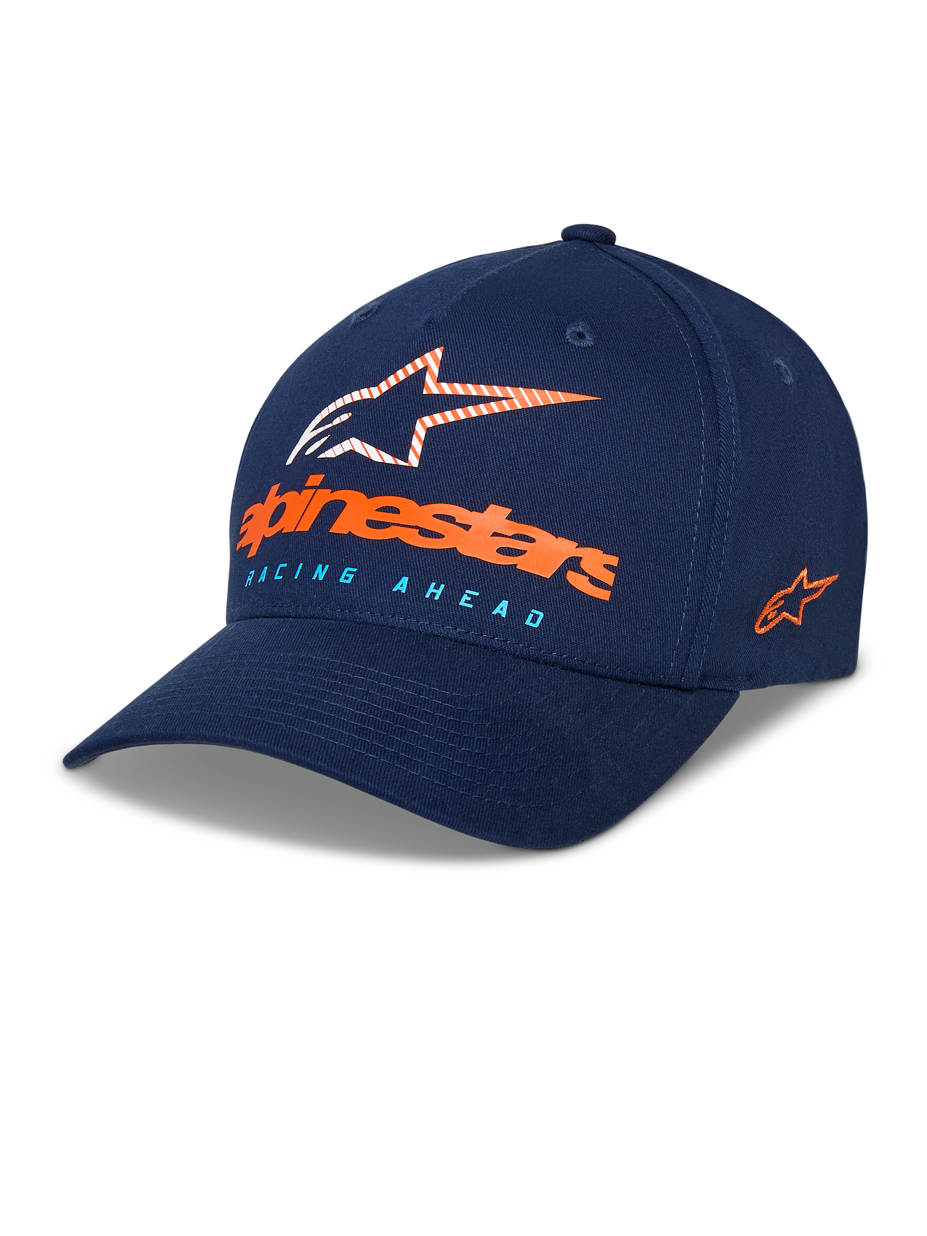 Alpinestars Instinct pet, donkerblauwe baseballcap, gebogen klep met gestructureerde bovenzijde, Astars-logo op de voorzijde met oranje woordmerk en lichtblauwe 'Racing Ahead' tekst, geborduurd logo aan de zijkant, casual sportieve hoofdbedekking