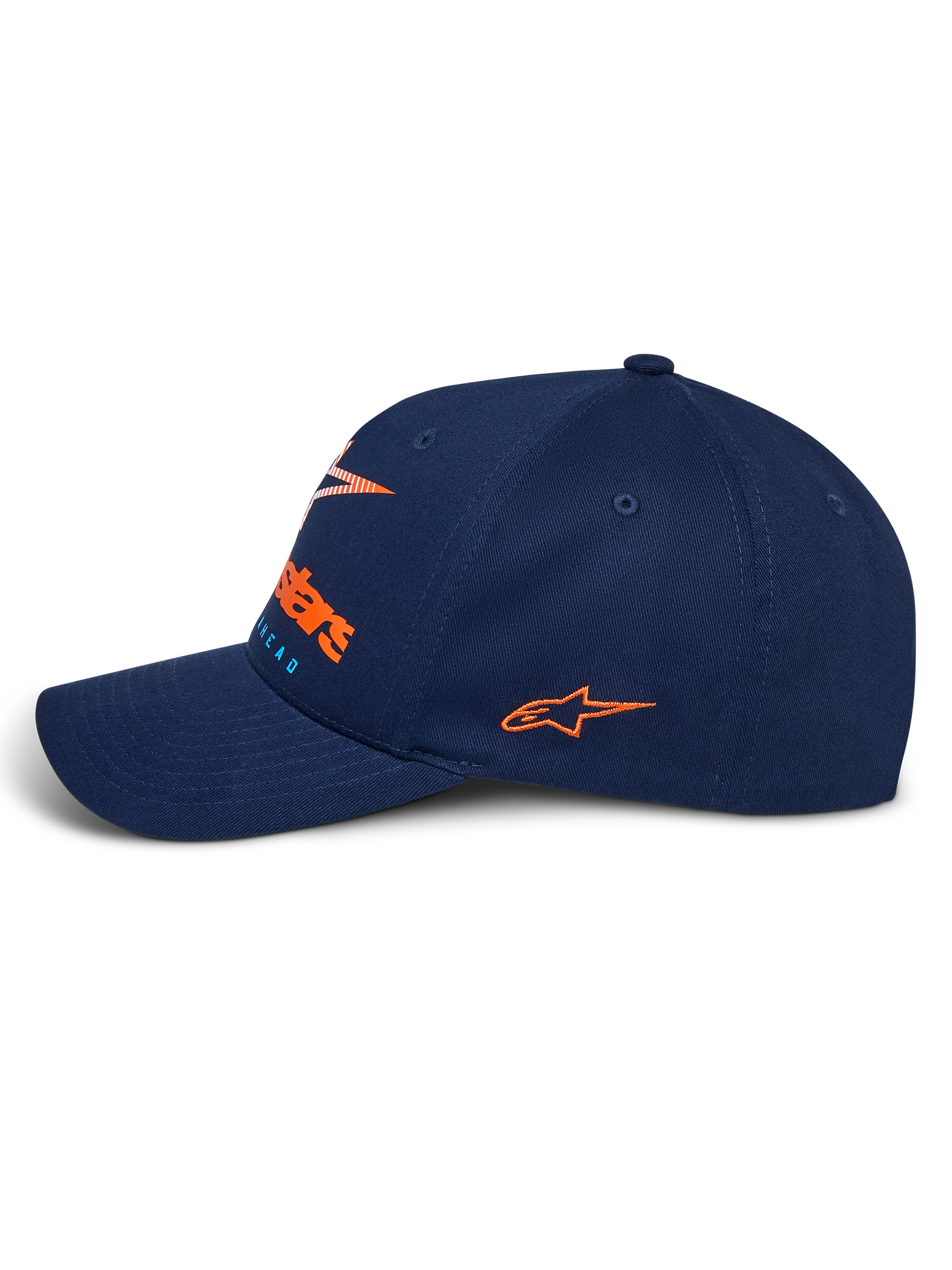 Alpinestars Instinct pet, marineblauwe sportpet, zijaanzicht met gebogen klep, oranje geborduurd logo op de zijkant, logo op de voorkant met oranje kleurverloopprint, gestructureerde bovenkant van twillstof