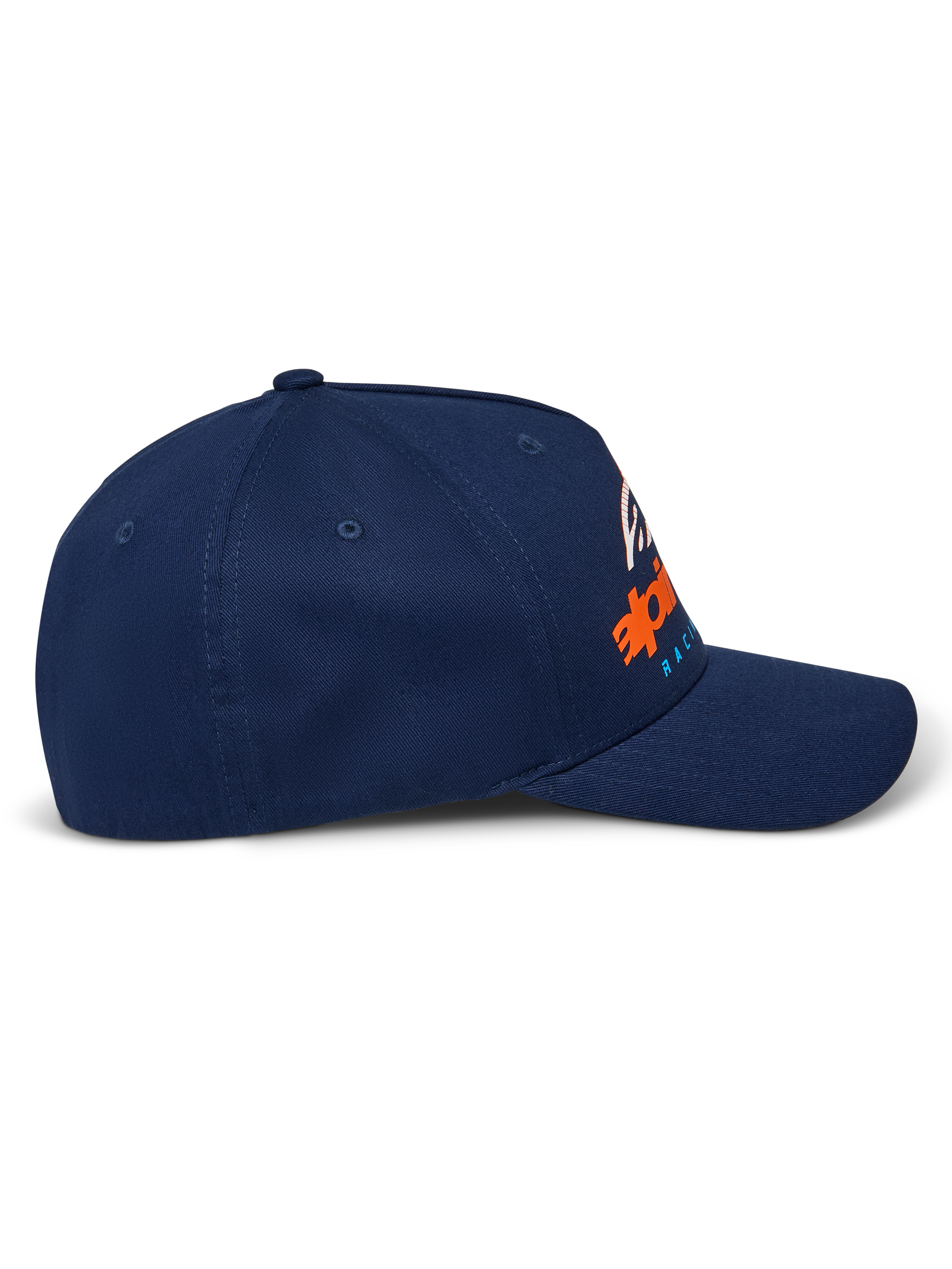 Alpinestars Instinct pet, donkerblauw, gebogen klep met gestructureerde bovenzijde, zijaanzicht met oranje en blauwe logo-print met kleurverloop, casual sportswear