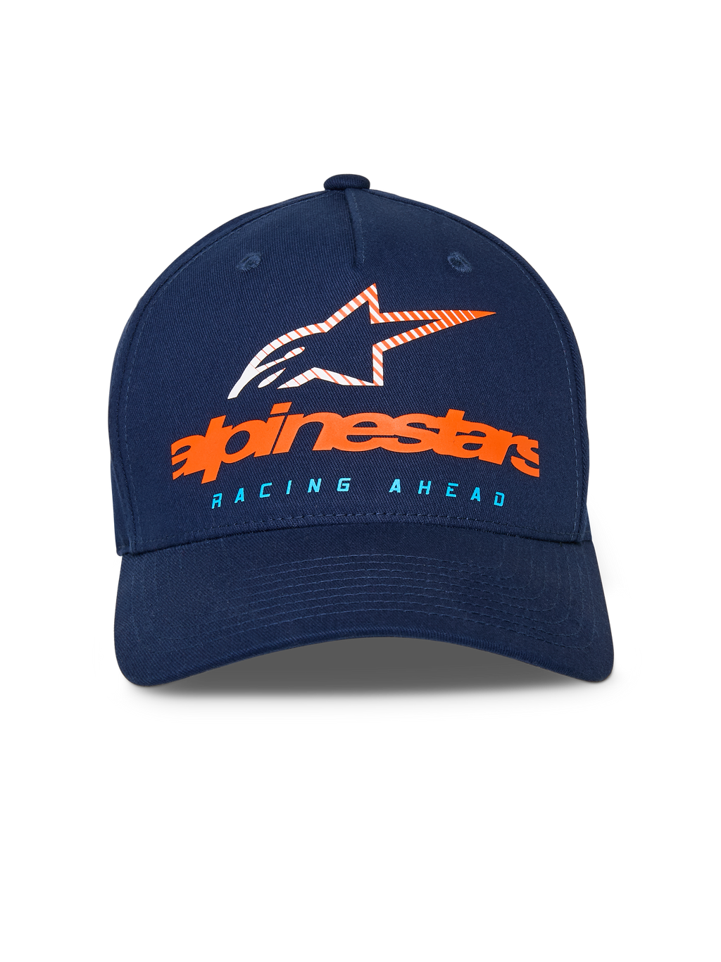 Alpinestars Instinct pet, donkerblauwe baseballpet, gebogen klep met gestructureerde kroon, oranje Alpinestars-woordmerk en gestreept sterlogo op de voorzijde, lichtblauwe "RACING AHEAD" tekst, casual sportkleding