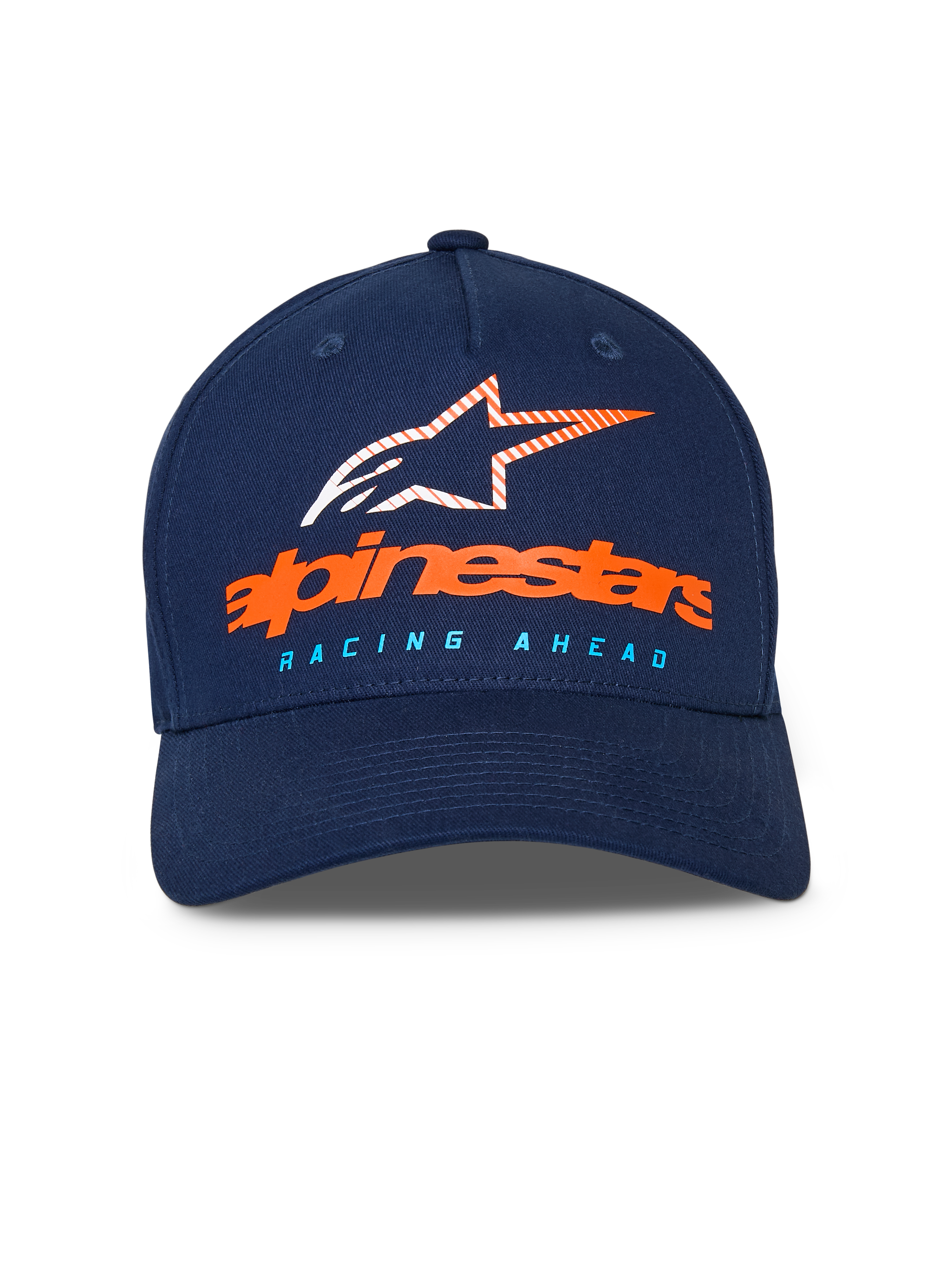 Alpinestars Instinct pet, donkerblauwe baseballpet, gebogen klep met gestructureerde kroon, oranje Alpinestars-woordmerk en gestreept sterlogo op de voorzijde, lichtblauwe "RACING AHEAD" tekst, casual sportkleding