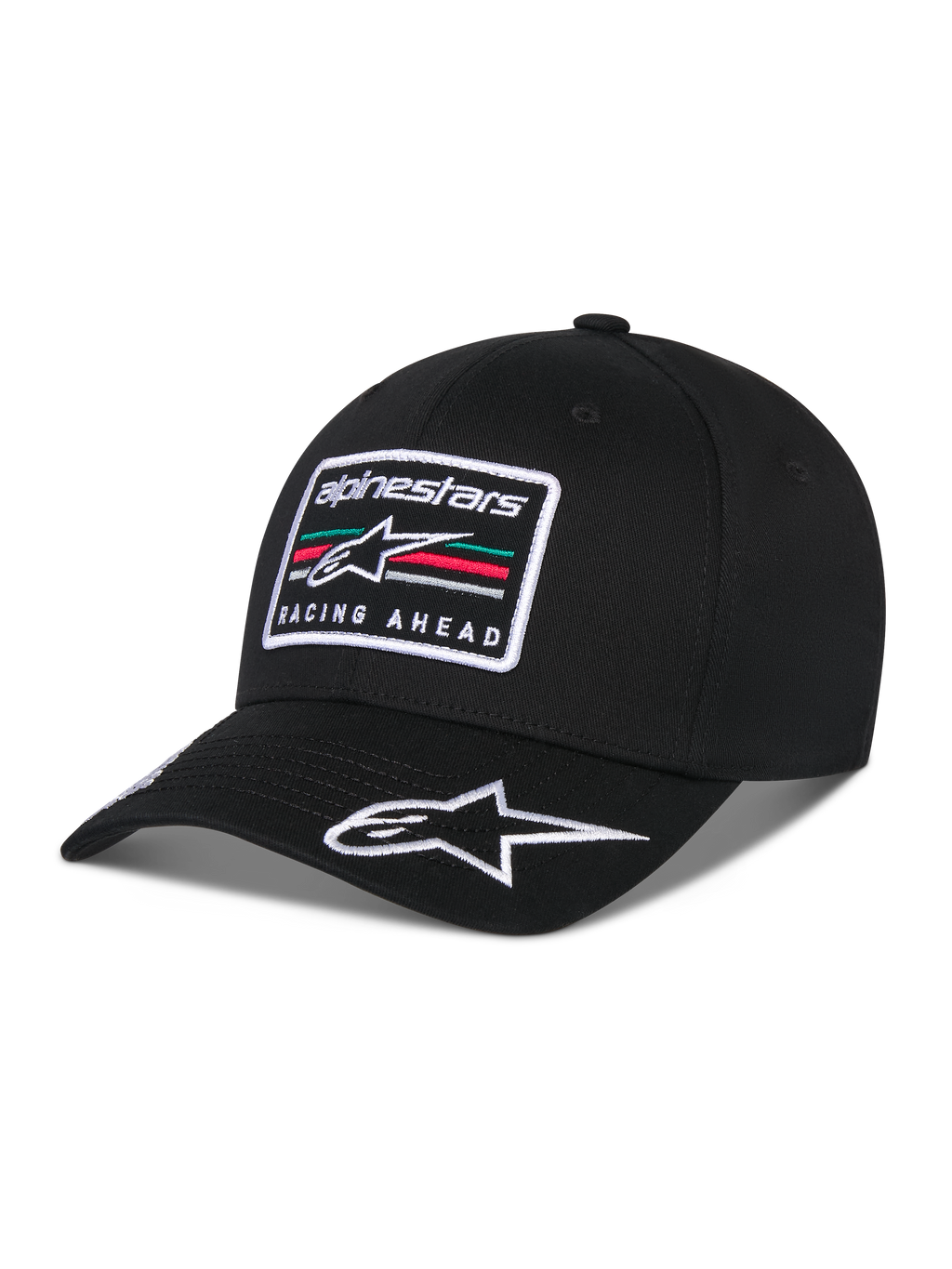 Casquette Alpinestars Surpass, casquette de baseball à visière incurvée, noire, dotée d'un écusson rectangulaire brodé sur le devant avec le logo Astars et le texte « Racing Ahead », logo blanc brodé sur la visière, couronne structurée et tissu en sergé pour un style streetwear décontracté inspiré du sport automobile.