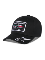 Casquette Alpinestars Surpass, casquette de baseball à visière incurvée, noire, dotée d'un écusson rectangulaire brodé sur le devant avec le logo Astars et le texte « Racing Ahead », logo blanc brodé sur la visière, couronne structurée et tissu en sergé pour un style streetwear décontracté inspiré du sport automobile.