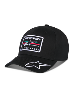 Alpinestars Surpass Kappe, Baseball-Kappe mit gebogenem Schirm, Schwarz, mit rechteckigem, besticktem Front-Patch mit Astars-Logo und „Racing Ahead“-Schriftzug, weiß gesticktem Logo auf dem Schirm, strukturierter Krone und Twill-Gewebe für lässige, vom Motorsport inspirierte Streetwear.