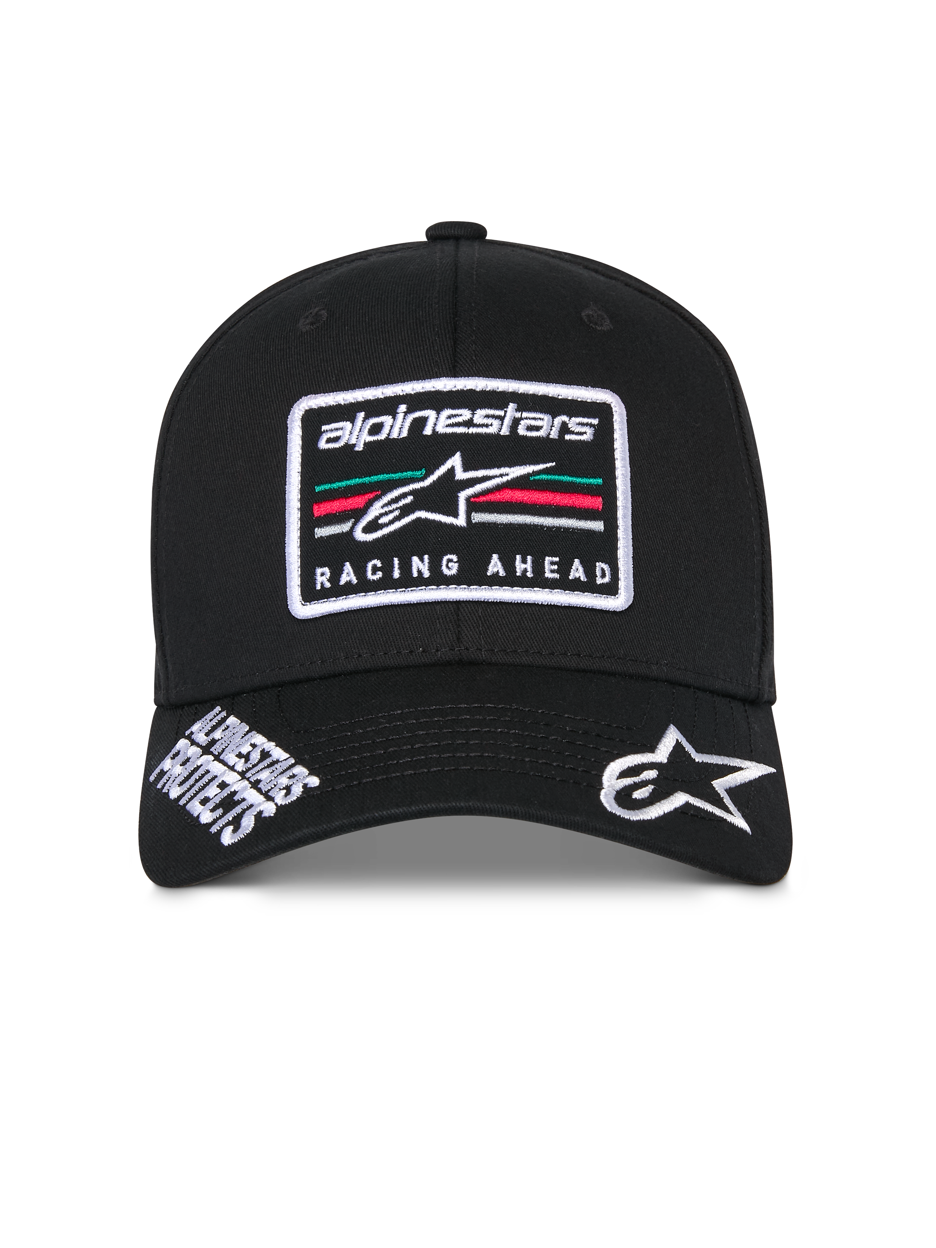 Casquette Alpinestars Surpass, casquette de baseball structurée noire, visière incurvée avec logo Astars blanc brodé et texte « Alpinestars Protects », écusson logo « Racing Ahead » à l'avant avec rayures multicolores, accessoire de tête décontracté d'inspiration sports mécaniques