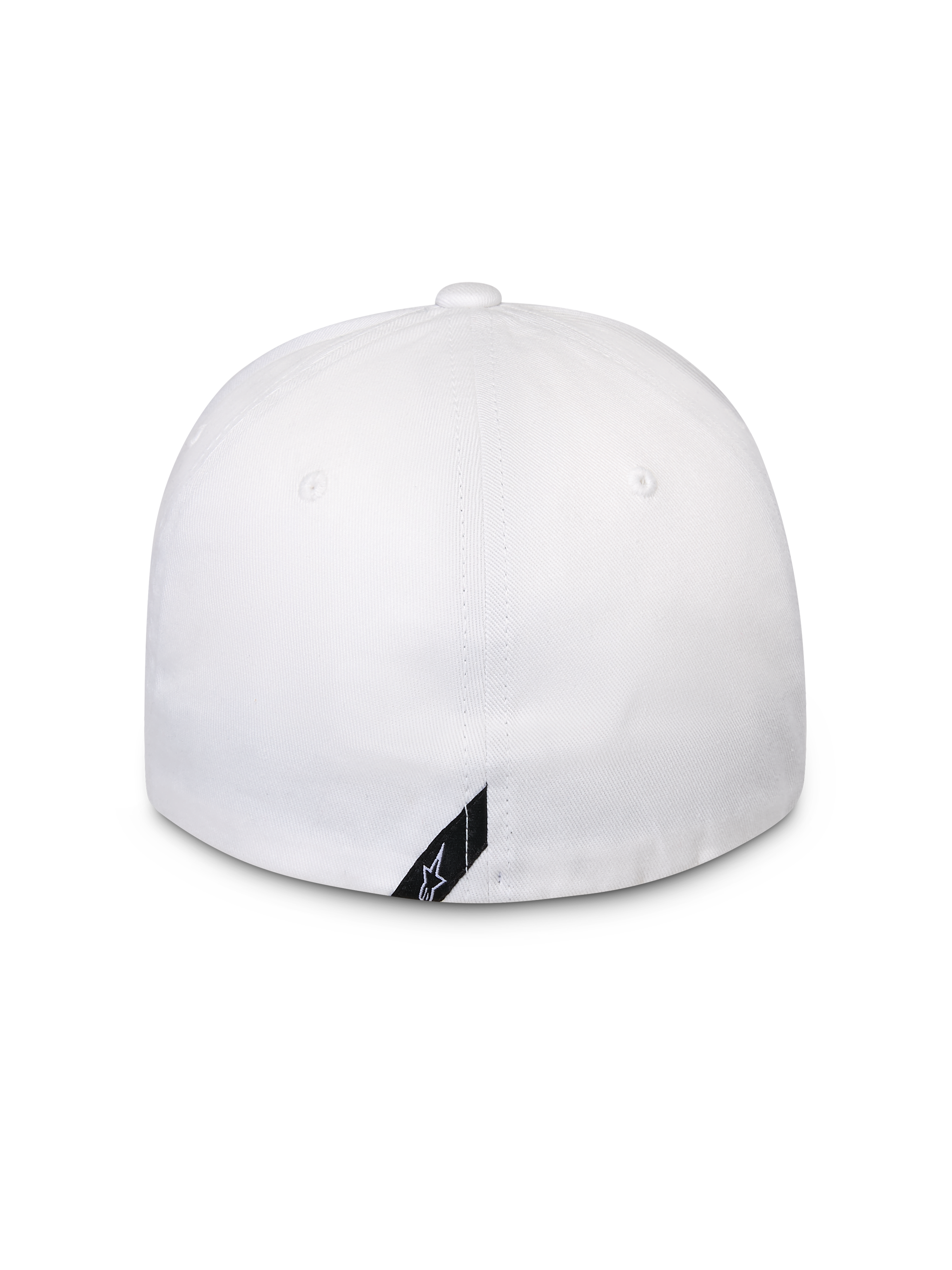 Alpinestars Surpass pet, wit, achteraanzicht van flex-back baseballpet, gestructureerde kroon, voorzien van een klein zwart diagonaal Alpinestars-logolabel aan de onderrand, casual sportkleding