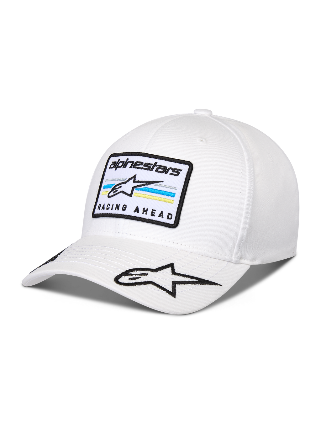 Alpinestars Surpass Pet, witte baseballcap met gebogen klep, gestructureerde kroon, voorzien van geborduurde patch met Astars-logo en 'RACING AHEAD' tekst op de voorkant, extra ster-logo op de klep, casual motorsport-geïnspireerde hoofdbedekking