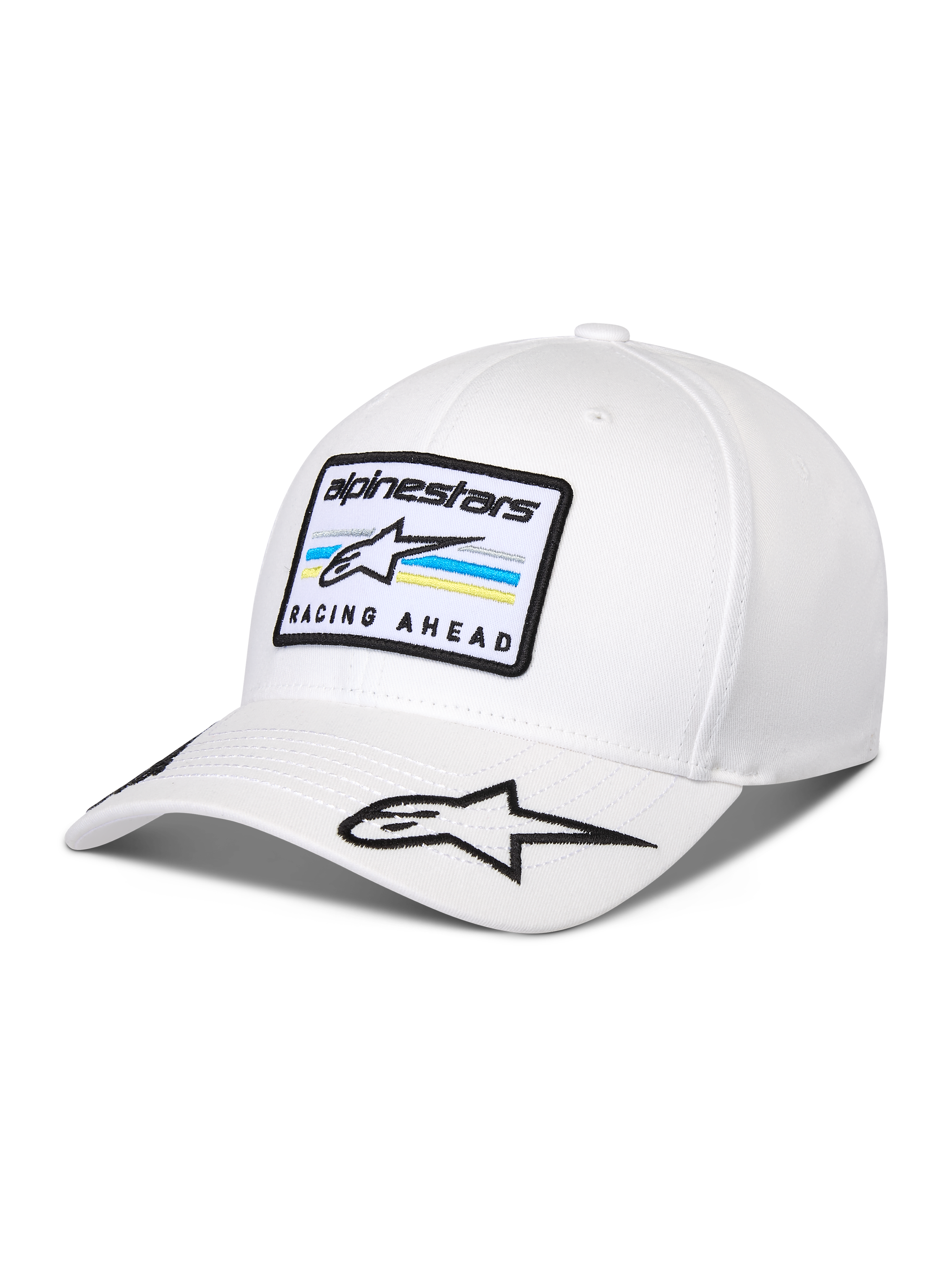 Alpinestars Surpass Kappe, weiße Baseballkappe mit gebogenem Schirm, strukturierte Krone, bestickter Patch auf der Vorderseite mit Astars-Logo und „RACING AHEAD“-Schriftzug, zusätzliches Stern-Logo auf dem Schirm, lässige Motorsport-Kopfbedeckung