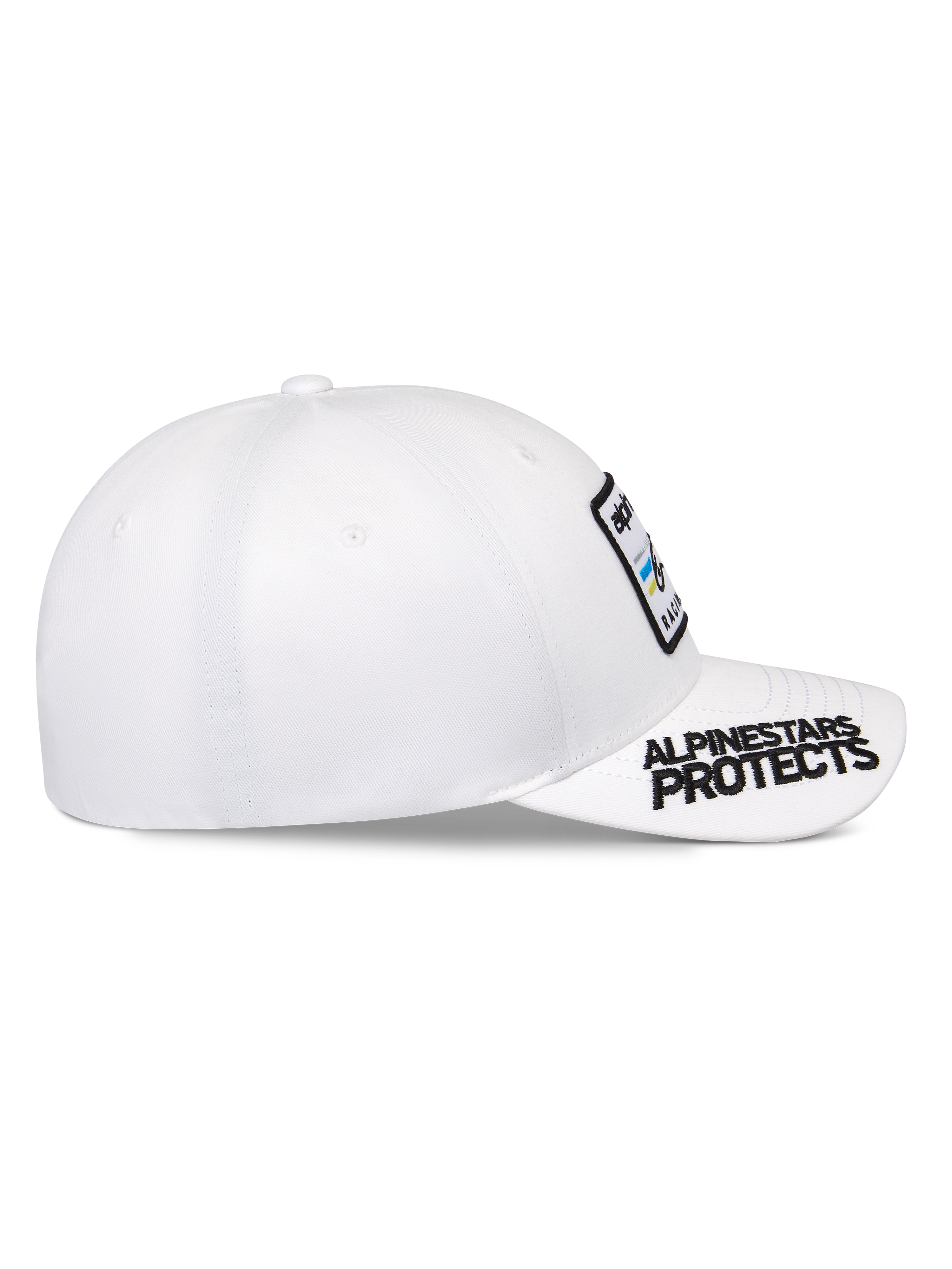 Alpinestars Surpass pet, wit, gebogen klep met zwart 'ALPINESTARS PROTECTS' borduurwerk, gestructureerde kroon met logo-patch op de voorkant, casual sportswear baseballcap
