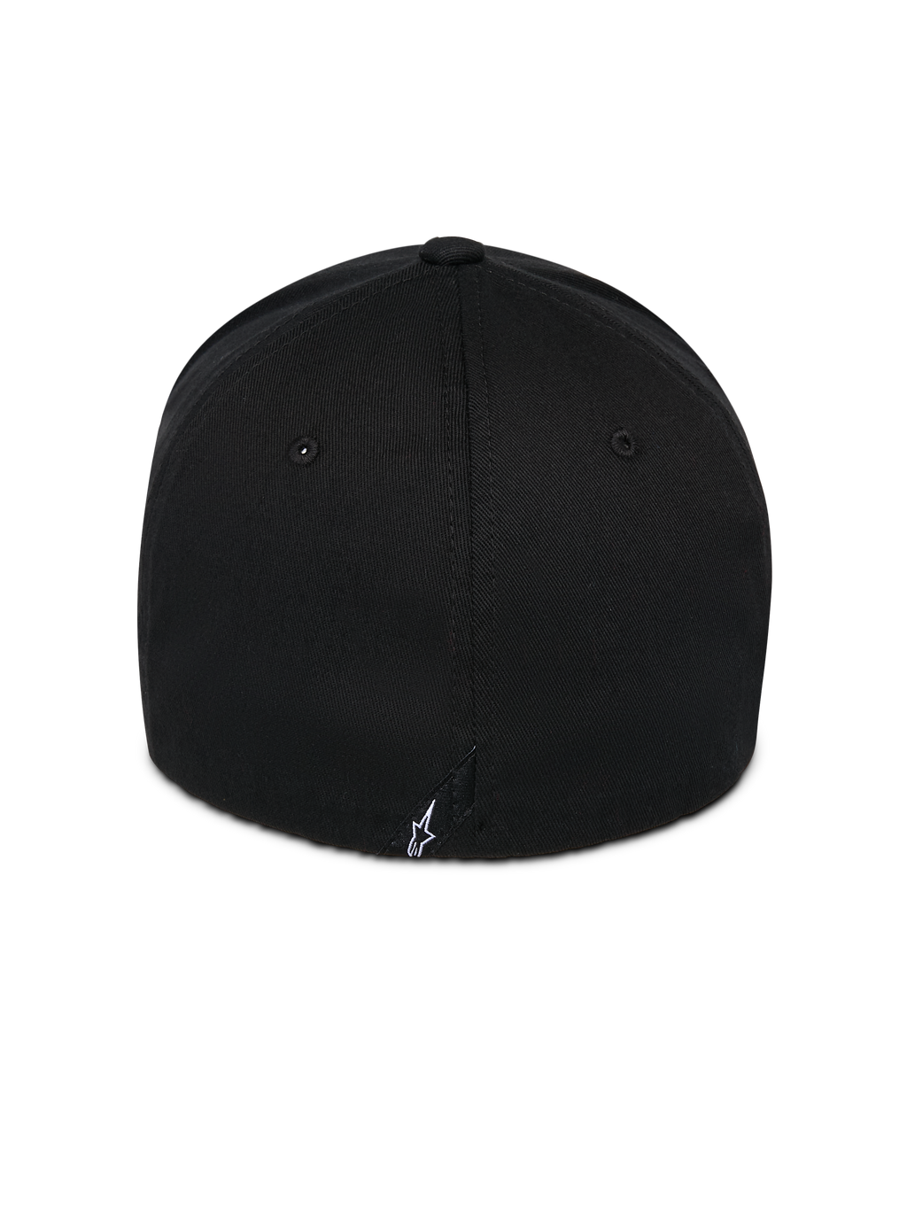 Alpinestars Corp Shift Relay pet, zwart, achteraanzicht met klein wit geborduurd Astars-logo, gestructureerde kroon van keperstof, flexibele achterkant voor casual sportkleding