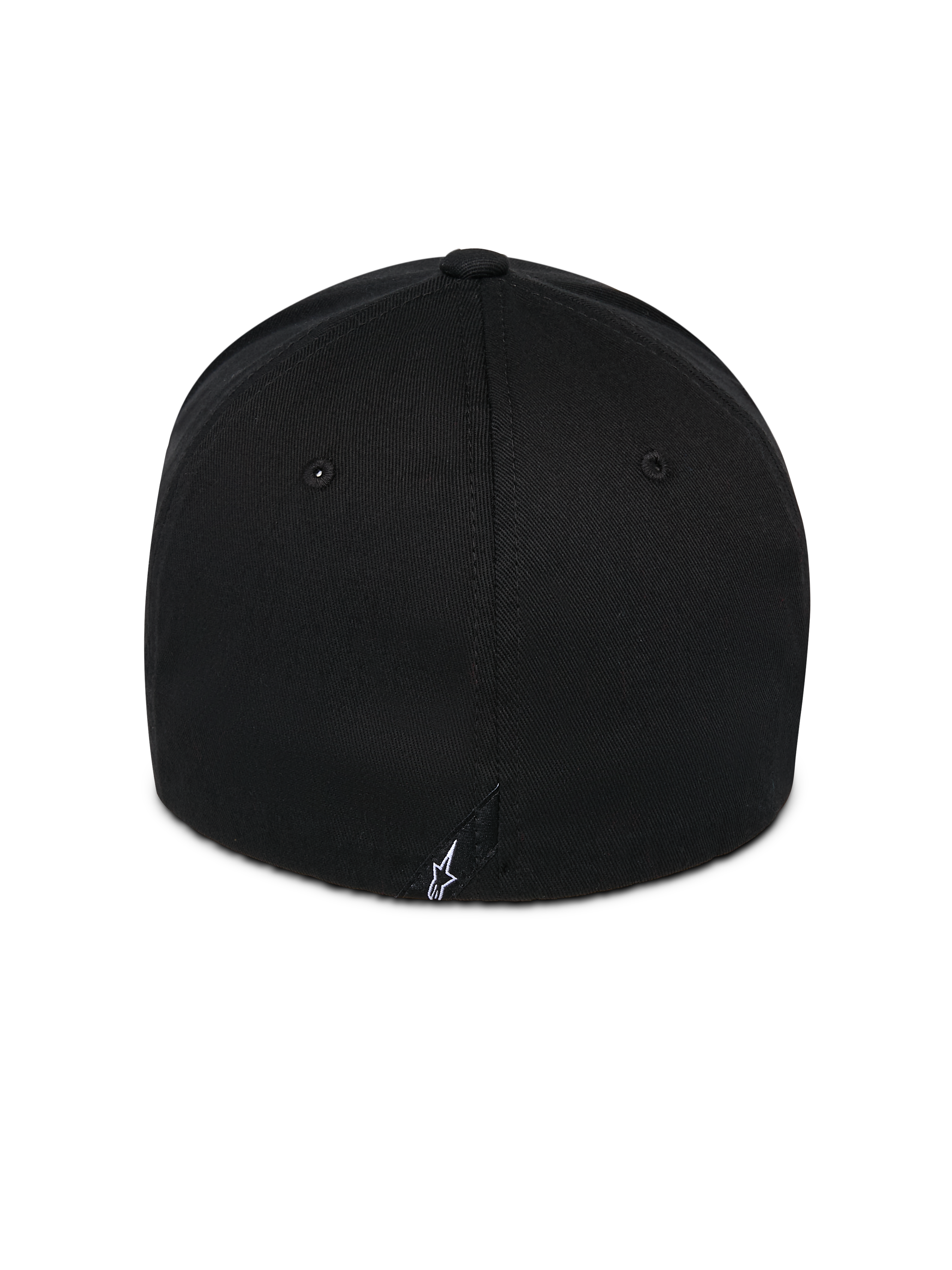 Alpinestars Corp Shift Relay pet, zwart, achteraanzicht met klein wit geborduurd Astars-logo, gestructureerde kroon van keperstof, flexibele achterkant voor casual sportkleding