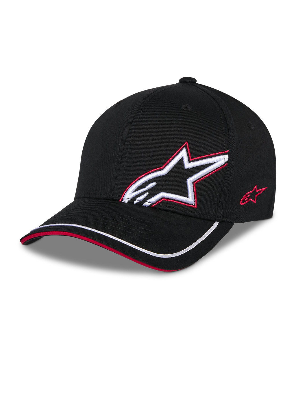 Alpinestars Corp Shift Relay pet, zwart, gestructureerde baseballpet van keperstof met gebogen klep, wit 3D Astars-logo met rode geborduurde omlijning op de voorzijde, rood logo aan de zijkant, witte bies op de klep met rood sandwich-detail, casual op motorsport geïnspireerde headwear.