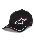Alpinestars Corp Shift Relay pet, zwart, gestructureerde baseballpet van keperstof met gebogen klep, wit 3D Astars-logo met rode geborduurde omlijning op de voorzijde, rood logo aan de zijkant, witte bies op de klep met rood sandwich-detail, casual op motorsport geïnspireerde headwear.