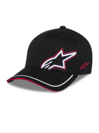 Alpinestars Corp Shift Relay pet, zwart, gestructureerde baseballpet van keperstof met gebogen klep, wit 3D Astars-logo met rode geborduurde omlijning op de voorzijde, rood logo aan de zijkant, witte bies op de klep met rood sandwich-detail, casual op motorsport geïnspireerde headwear.