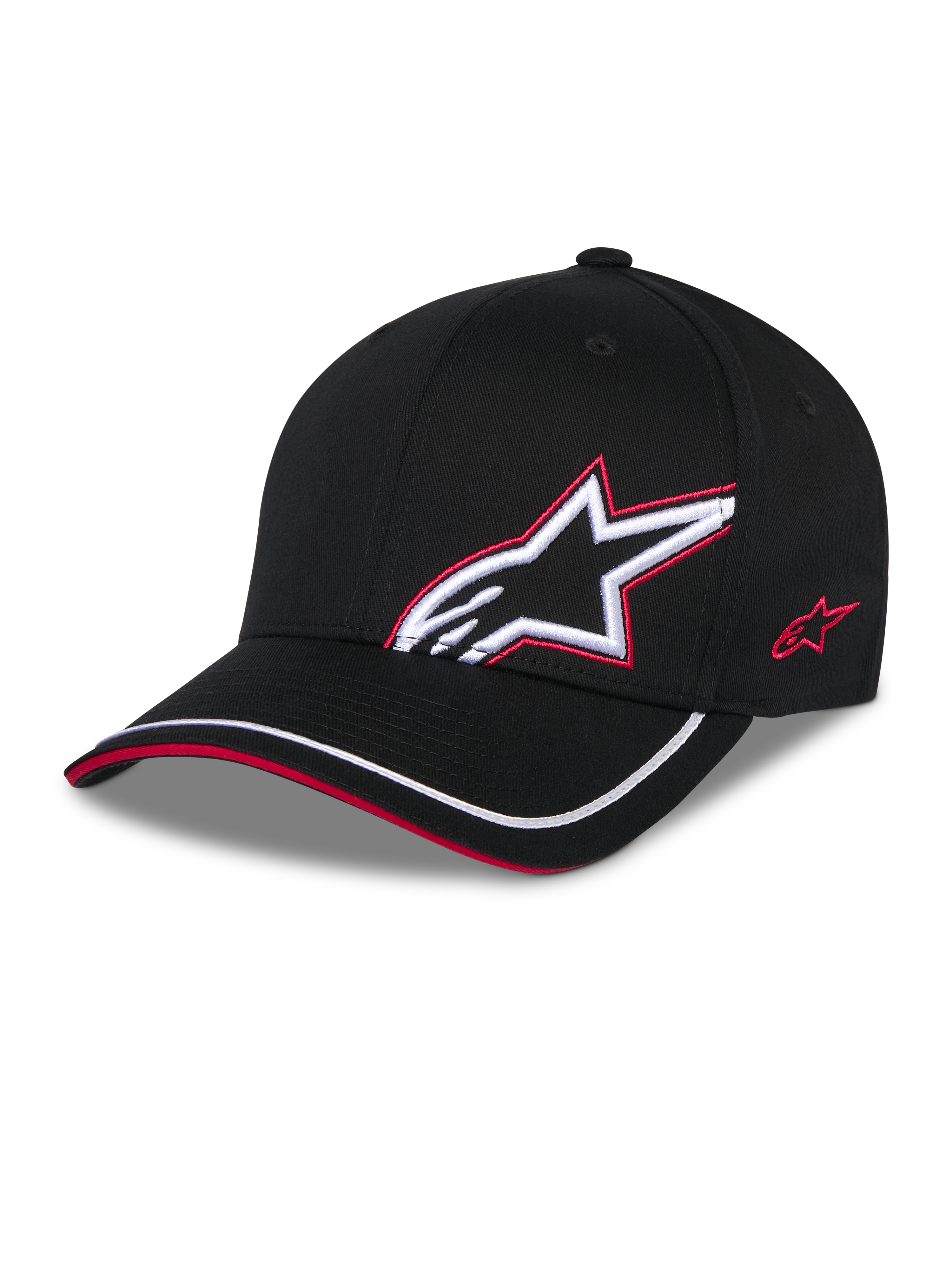Alpinestars Corp Shift Relay pet, zwart, gestructureerde baseballpet van keperstof met gebogen klep, wit 3D Astars-logo met rode geborduurde omlijning op de voorzijde, rood logo aan de zijkant, witte bies op de klep met rood sandwich-detail, casual op motorsport geïnspireerde headwear.