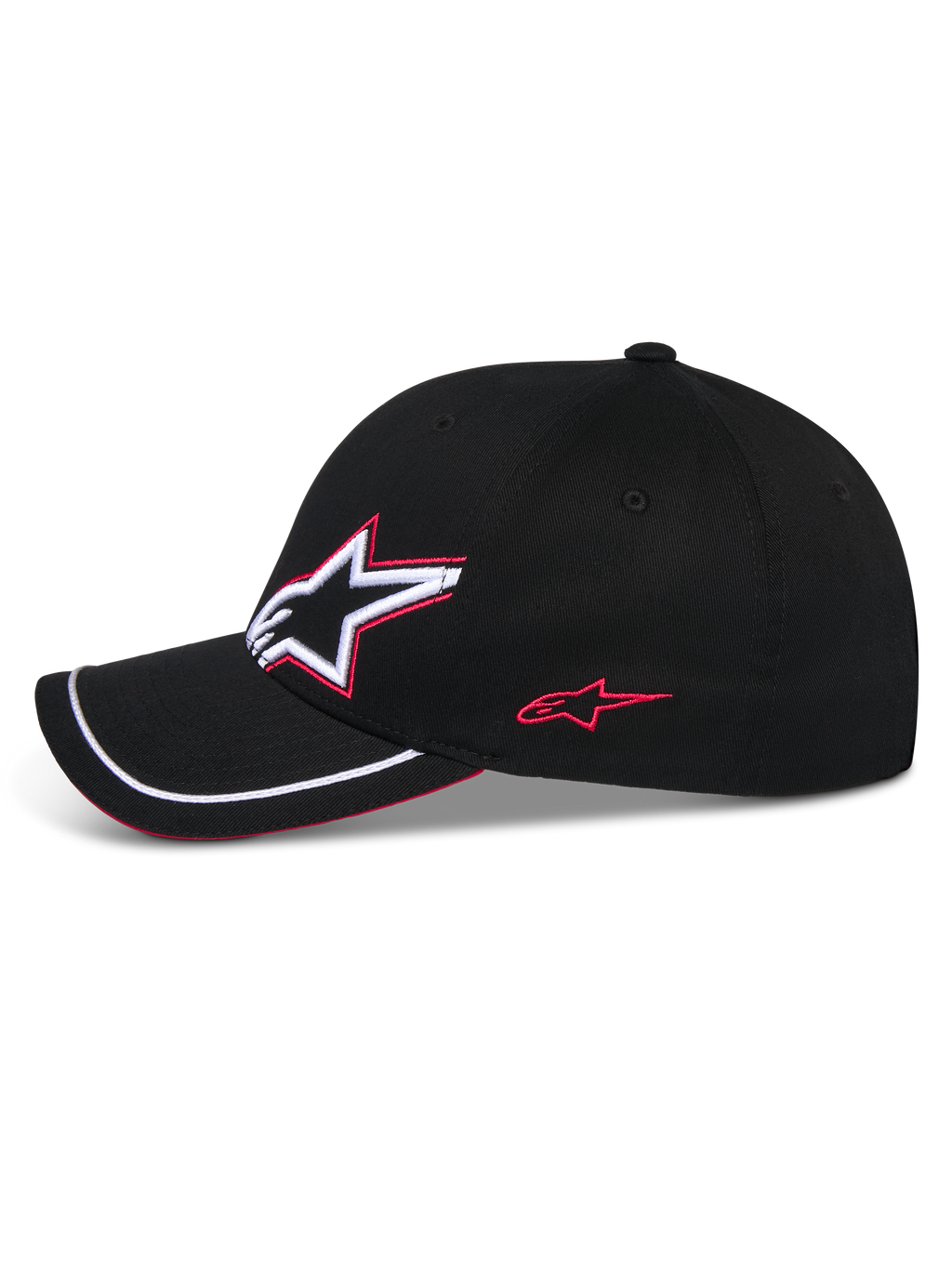 Alpinestars Corp Shift Relay pet, zwarte baseballcap, zijprofiel met 3D Astars-logo borduursel in wit en rood, gebogen klep met witte sutache-afwerking en rood sandwich-detail, casual motorsport-hoofddeksel