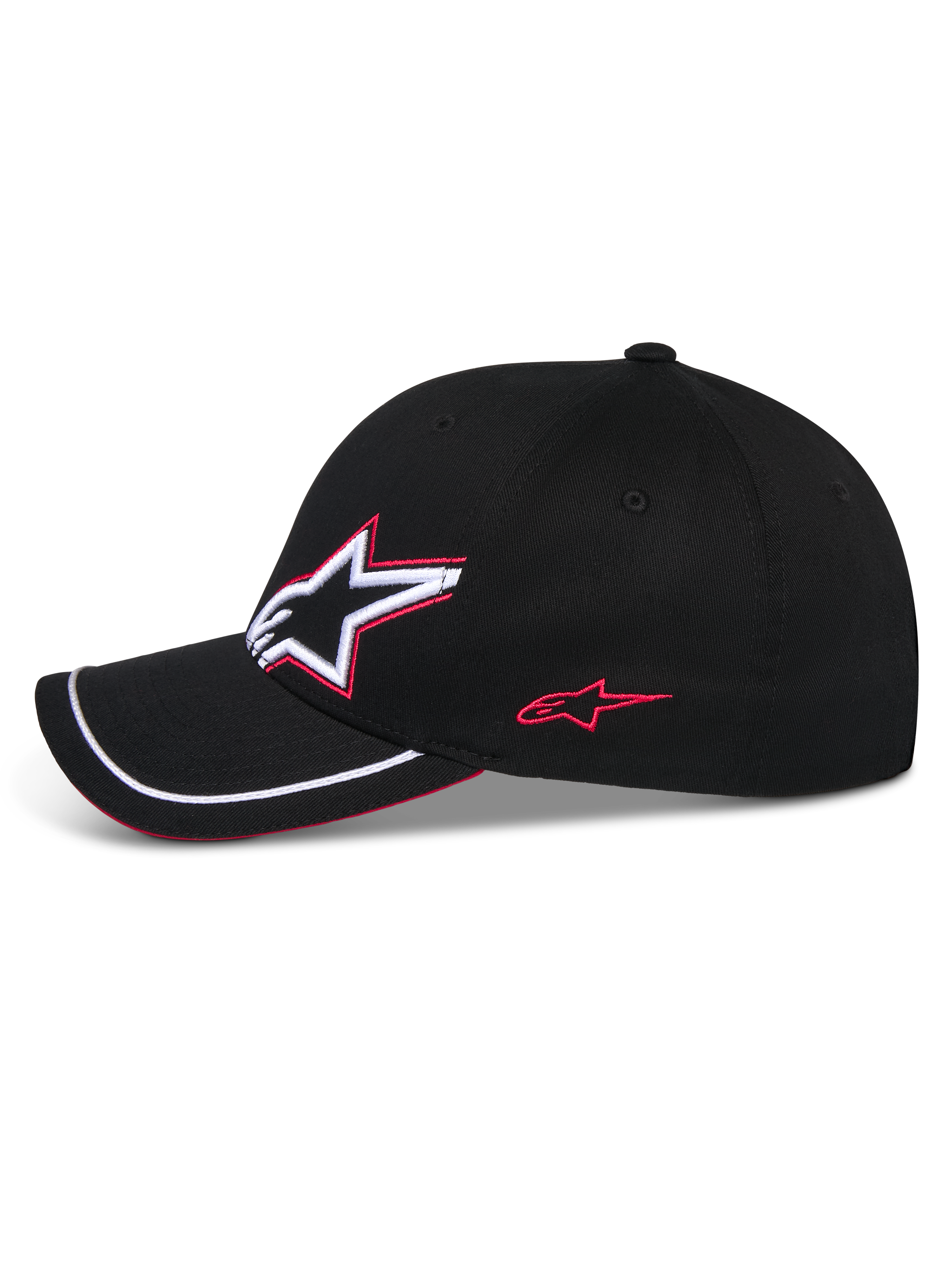 Alpinestars Corp Shift Relay pet, zwarte baseballcap, zijprofiel met 3D Astars-logo borduursel in wit en rood, gebogen klep met witte sutache-afwerking en rood sandwich-detail, casual motorsport-hoofddeksel