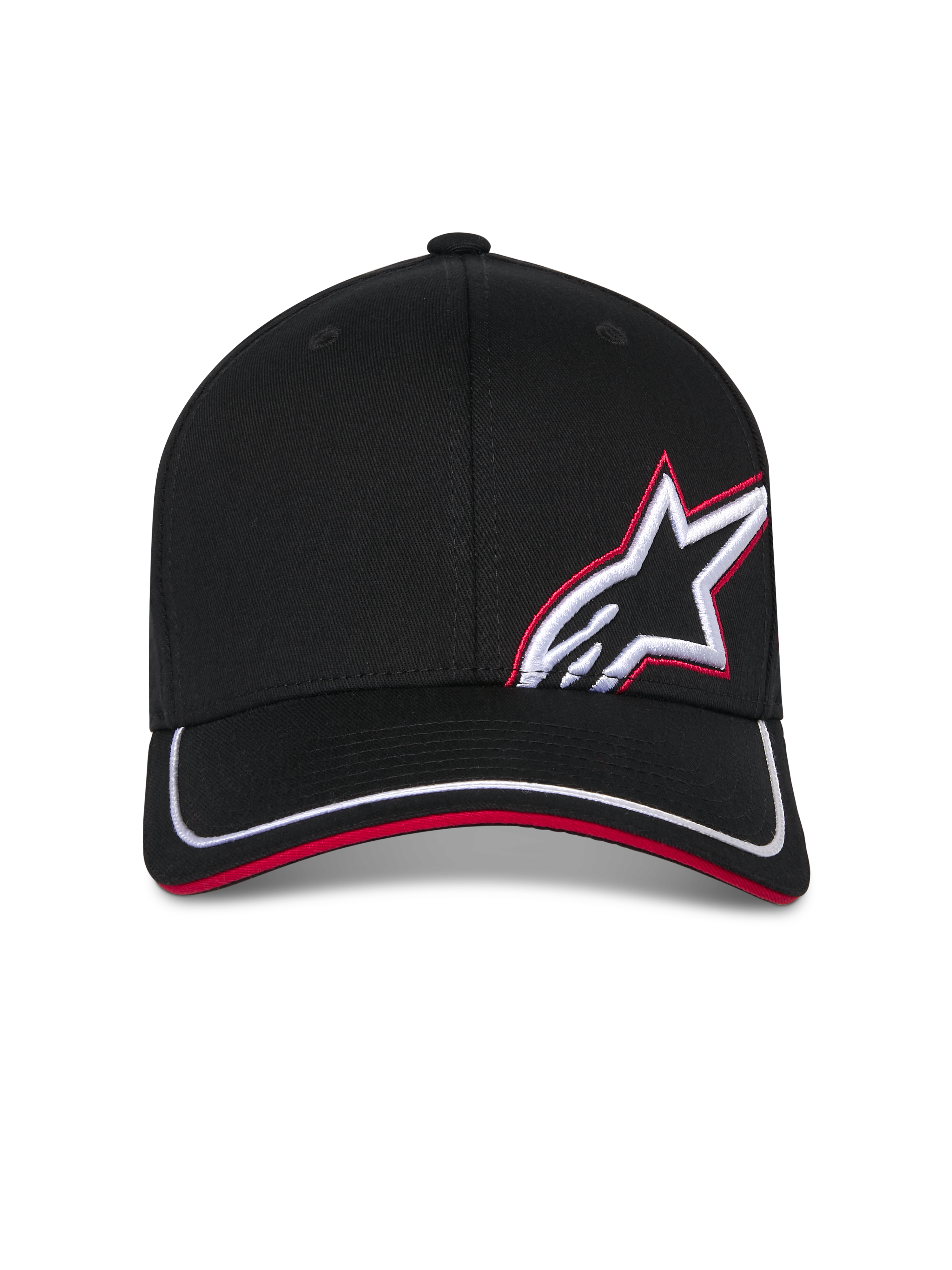Alpinestars Corp Shift Relay pet, zwarte baseballcap, gebogen klep met witte bies en rode rand, 3D Astars-logo borduurwerk aan de voorzijde in wit en rood, casual op motorsport geïnspireerde sportkleding