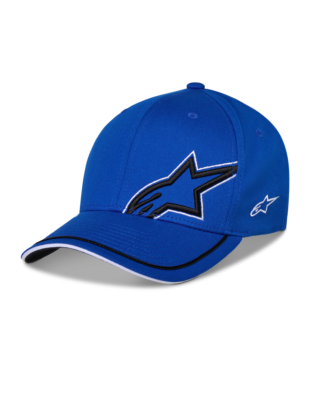 Alpinestars Corp Shift Relay pet, blauwe gestructureerde baseballcap, voorzien van een groot zwart 3D Astars-sterlogo met witte omtrek, klein wit logo aan de zijkant en een gebogen klep met zwart-witte biesdetails