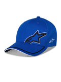 Alpinestars Corp Shift Relay pet, blauwe gestructureerde baseballcap, voorzien van een groot zwart 3D Astars-sterlogo met witte omtrek, klein wit logo aan de zijkant en een gebogen klep met zwart-witte biesdetails