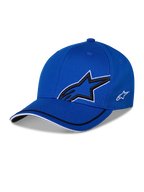 Alpinestars Corp Shift Relay pet, blauwe gestructureerde baseballcap, voorzien van een groot zwart 3D Astars-sterlogo met witte omtrek, klein wit logo aan de zijkant en een gebogen klep met zwart-witte biesdetails