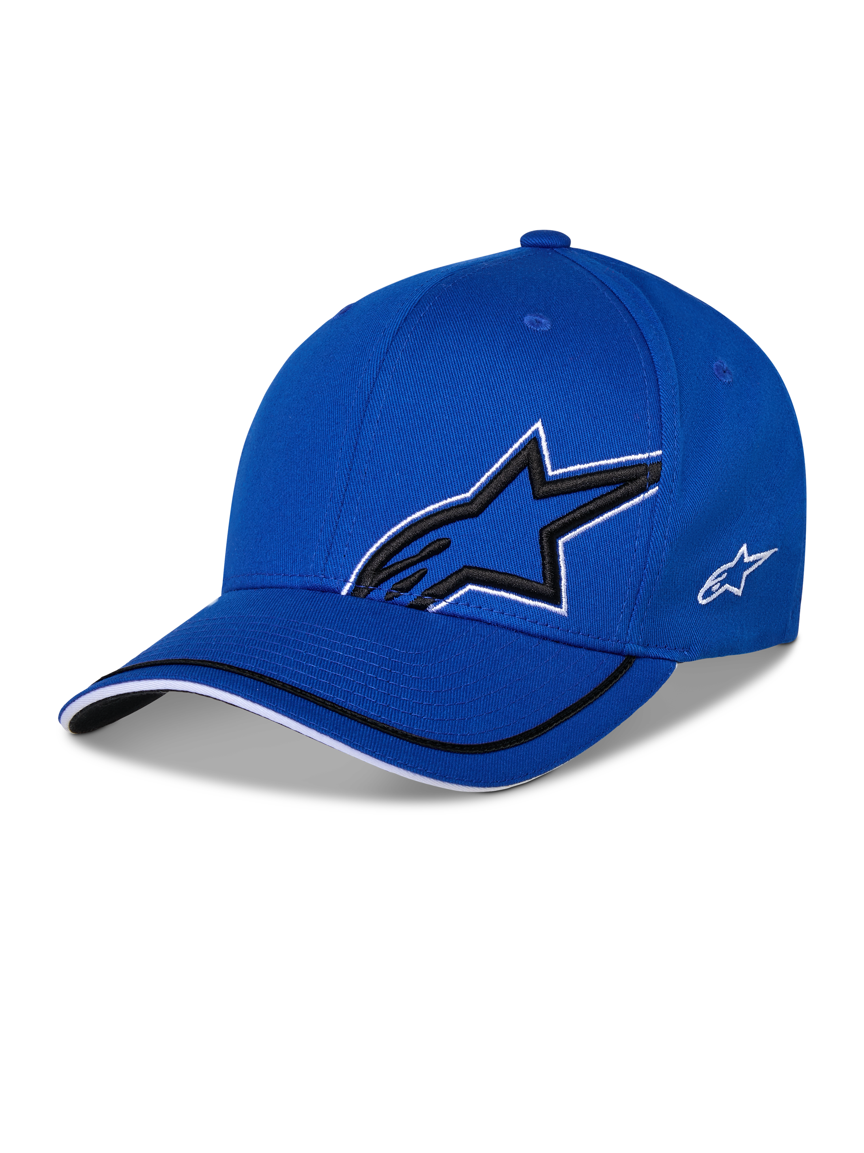 Alpinestars Corp Shift Relay pet, blauwe gestructureerde baseballcap, voorzien van een groot zwart 3D Astars-sterlogo met witte omtrek, klein wit logo aan de zijkant en een gebogen klep met zwart-witte biesdetails