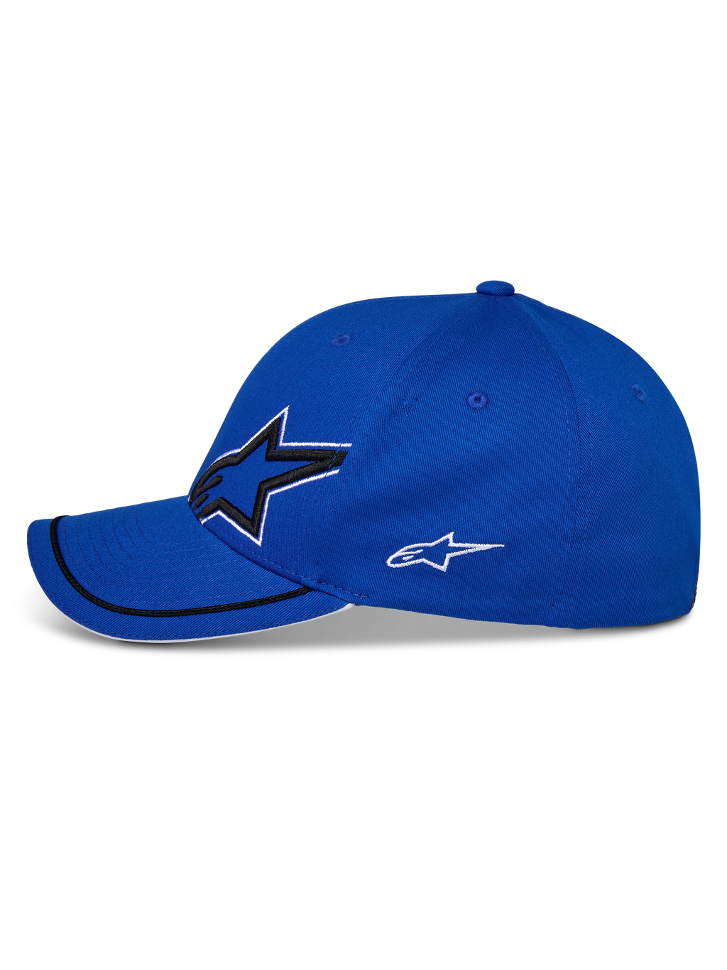 Alpinestars Corp Shift Relay pet, blauw, zijaanzicht, gebogen klep met zwarte sutache-afwerking en witte sandwich-rand, voorzien van groot 3D Astars-logo op de voorkant en kleiner wit logo aan de zijkant, casual sportswear pet
