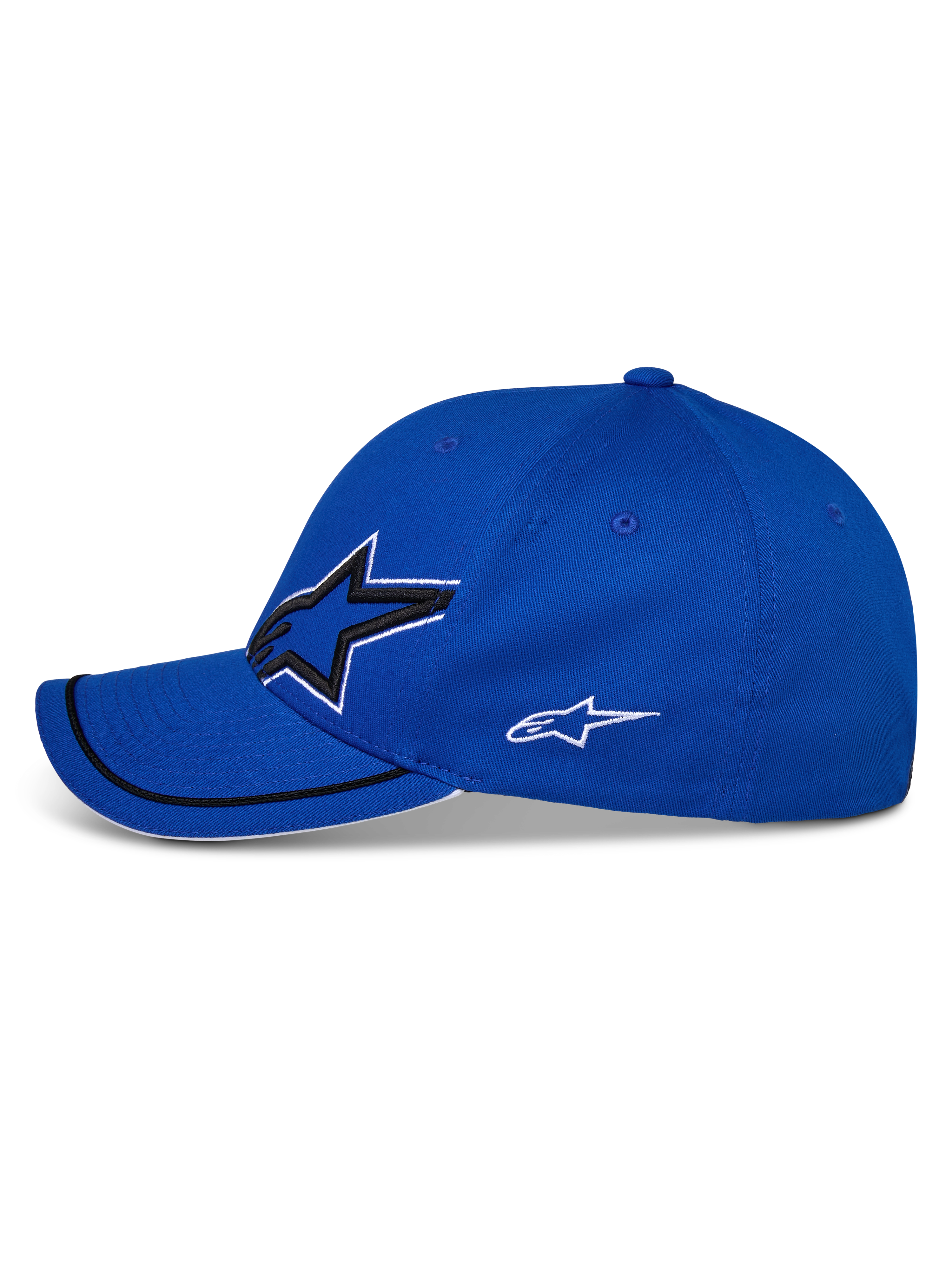 Alpinestars Corp Shift Relay pet, blauw, zijaanzicht, gebogen klep met zwarte sutache-afwerking en witte sandwich-rand, voorzien van groot 3D Astars-logo op de voorkant en kleiner wit logo aan de zijkant, casual sportswear pet