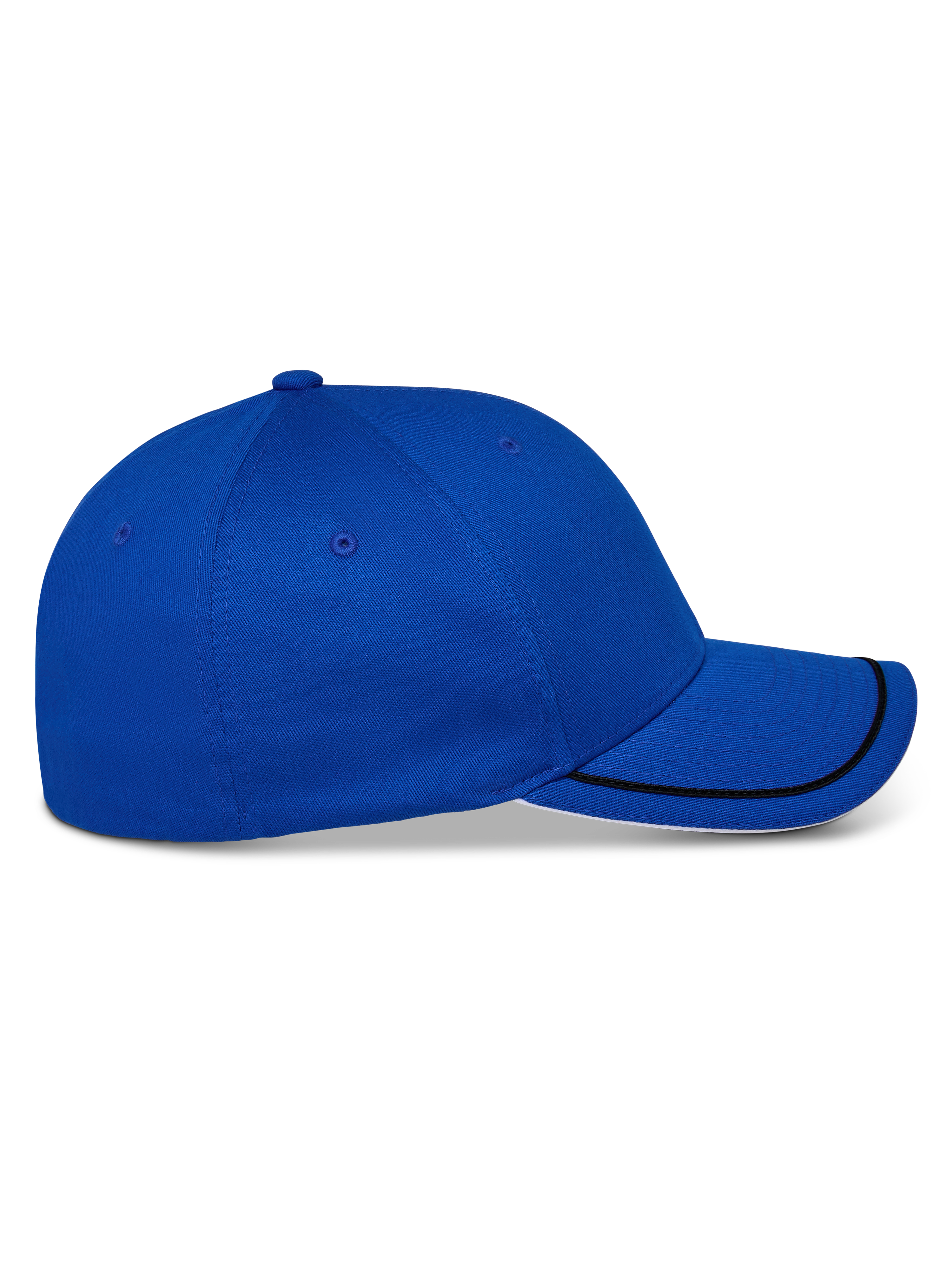 Alpinestars Corp Shift Relay pet, gestructureerde baseballcap, blauw, zijaanzicht met een gebogen klep met zwarte sutache-afwerking en wit sandwich-detail, casual motorsport-geïnspireerde pet