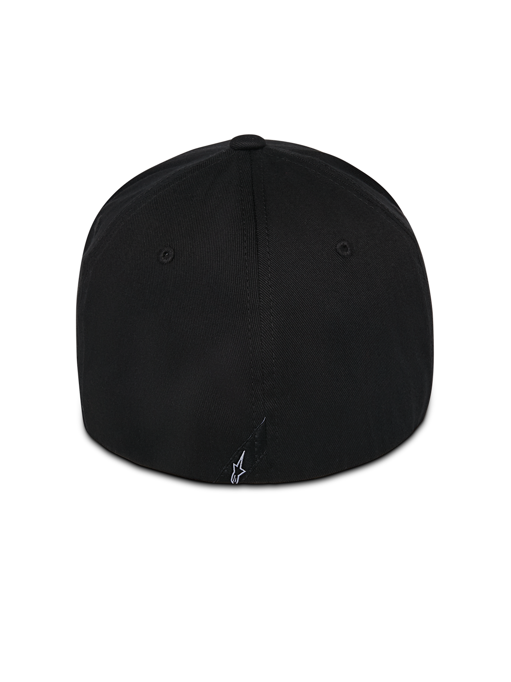 Alpinestars Pivot pet, zwarte cap met flexibele achterkant, achteraanzicht met klein wit geborduurd Astars-logo, keperstof constructie, casual motorsportkleding