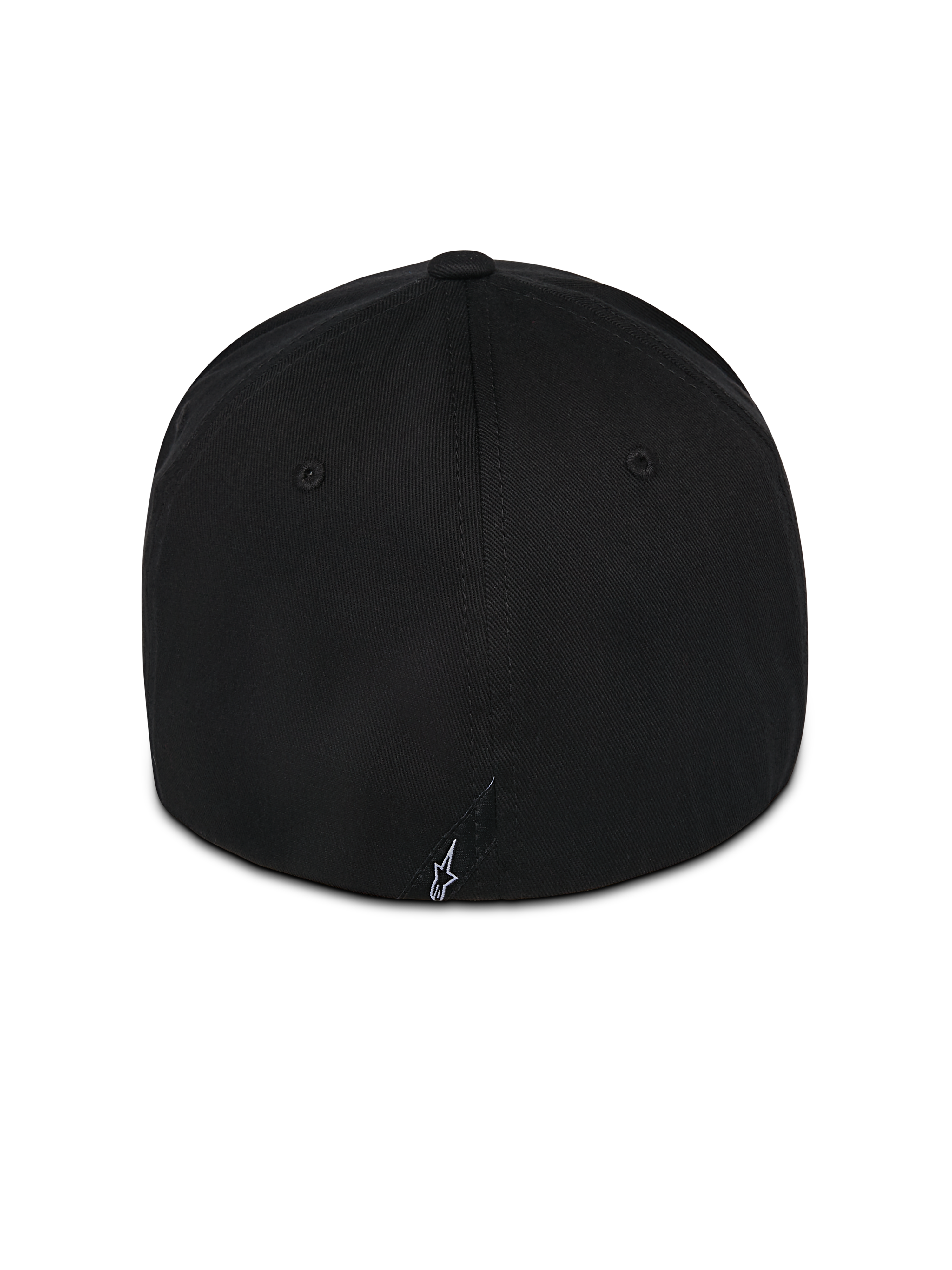 Alpinestars Pivot pet, zwarte cap met flexibele achterkant, achteraanzicht met klein wit geborduurd Astars-logo, keperstof constructie, casual motorsportkleding