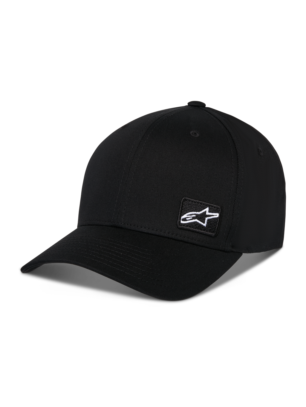 Alpinestars Pivot pet, zwarte sportpet met gebogen klep en gestructureerde kroon, kleine witte Astars-logopatch aan de zijkant, casual motorsport-geïnspireerd ontwerp