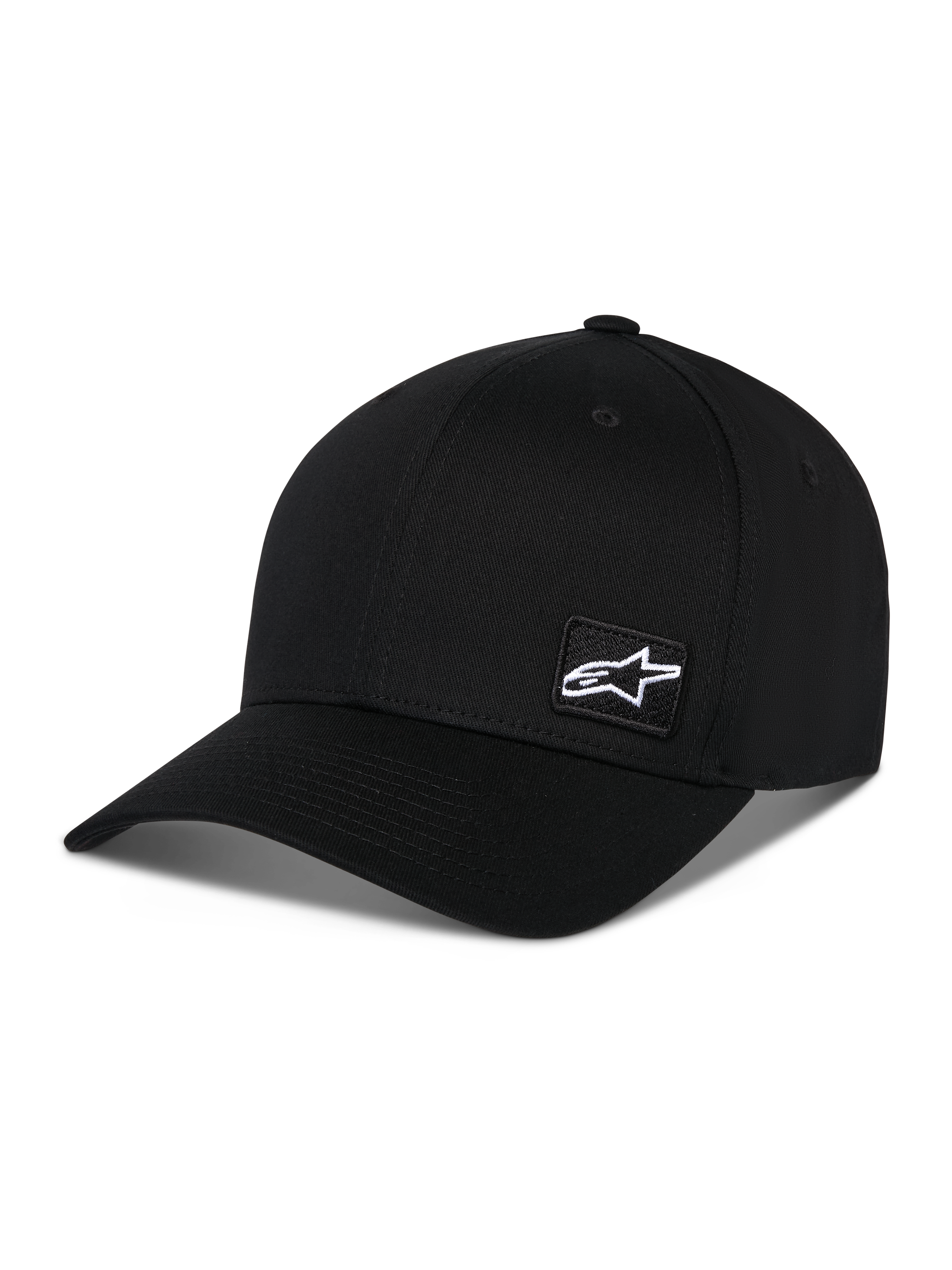 Alpinestars Pivot Hat, schwarze Sportswear-Kappe, mit gebogenem Schirm und strukturierter Krone, kleiner weißer Astars-Logo-Patch an der Seite, lässiges, vom Motorsport inspiriertes Design