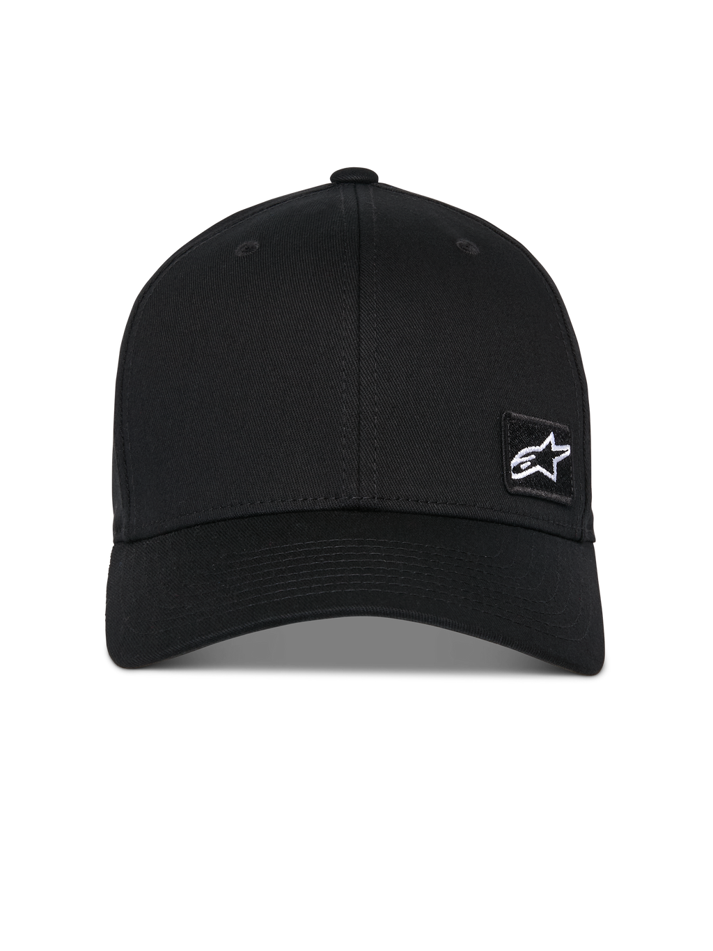 Alpinestars Pivot pet, zwarte baseballcap, gebogen klep met gestructureerde kroon, klein wit Astars-sterlogo op een zwarte geborduurde patch, casual motorsport-geïnspireerde sportkleding