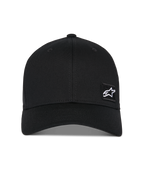 Alpinestars Pivot pet, zwarte baseballcap, gebogen klep met gestructureerde kroon, klein wit Astars-sterlogo op een zwarte geborduurde patch, casual motorsport-geïnspireerde sportkleding