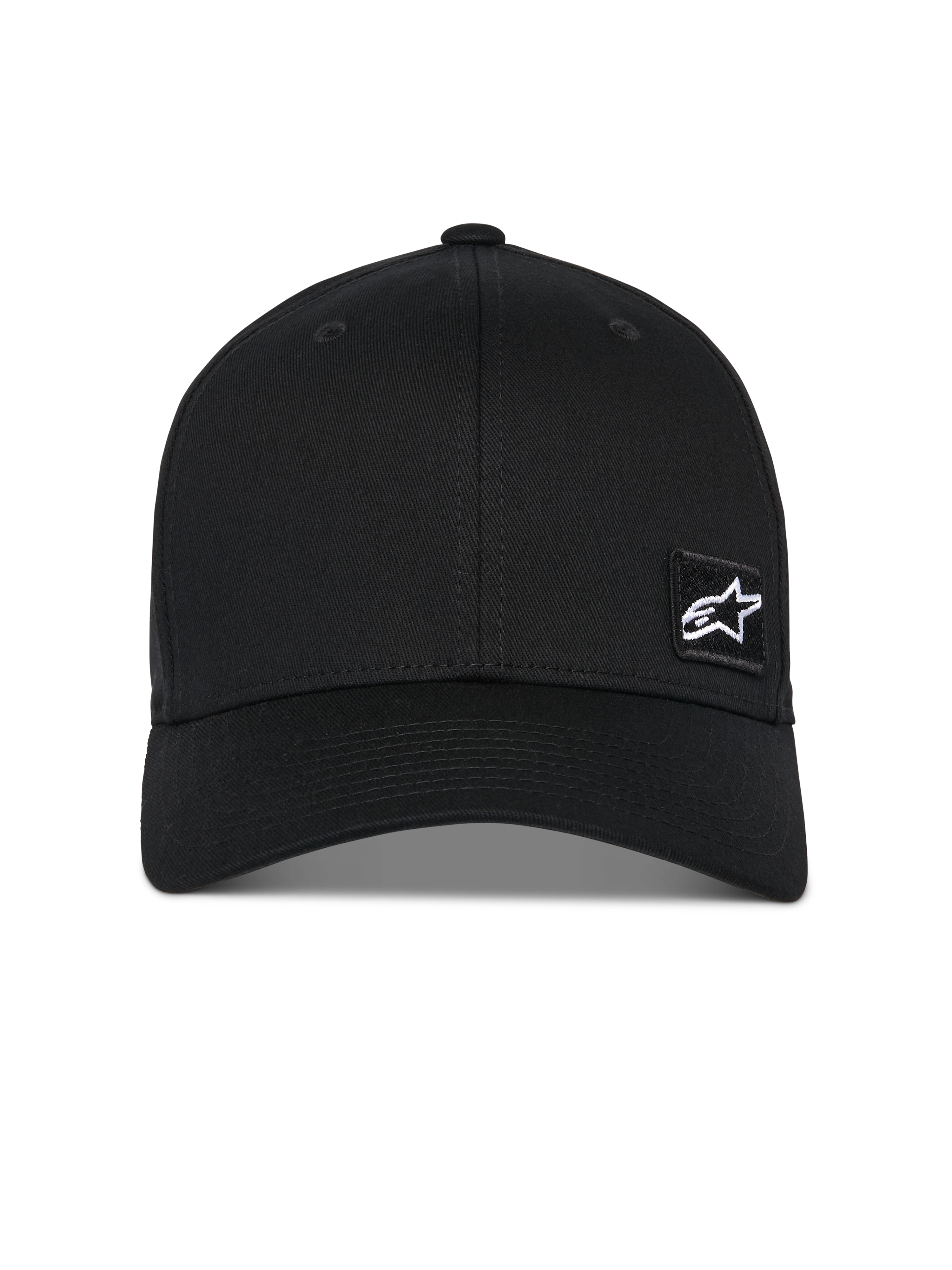 Alpinestars Pivot pet, zwarte baseballcap, gebogen klep met gestructureerde kroon, klein wit Astars-sterlogo op een zwarte geborduurde patch, casual motorsport-geïnspireerde sportkleding