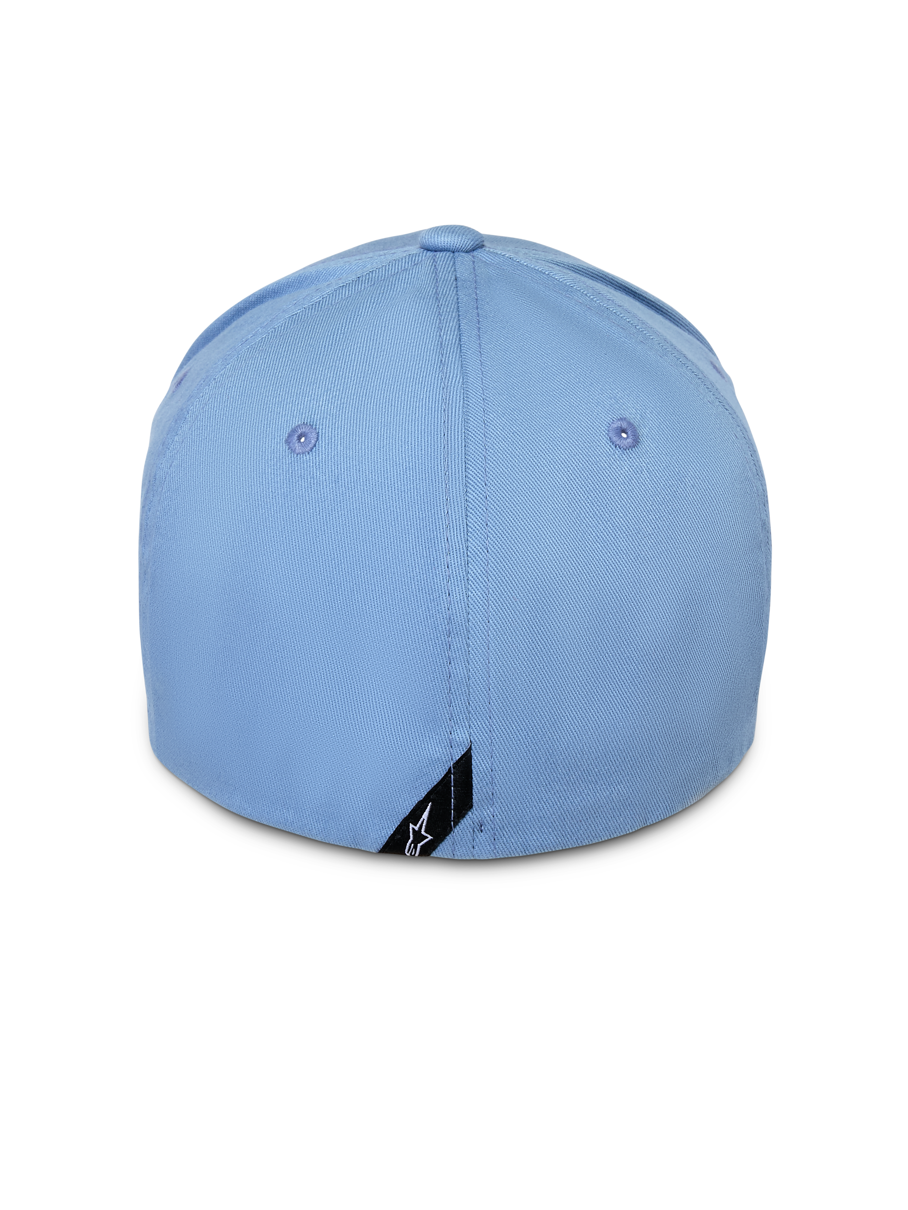 Alpinestars Pivot pet, blauw, achteraanzicht van flexibele baseballcap, lichtblauw katoen-keperstof met klein zwart Astars-logo label op de rand, casual motorsport-geïnspireerde streetwear