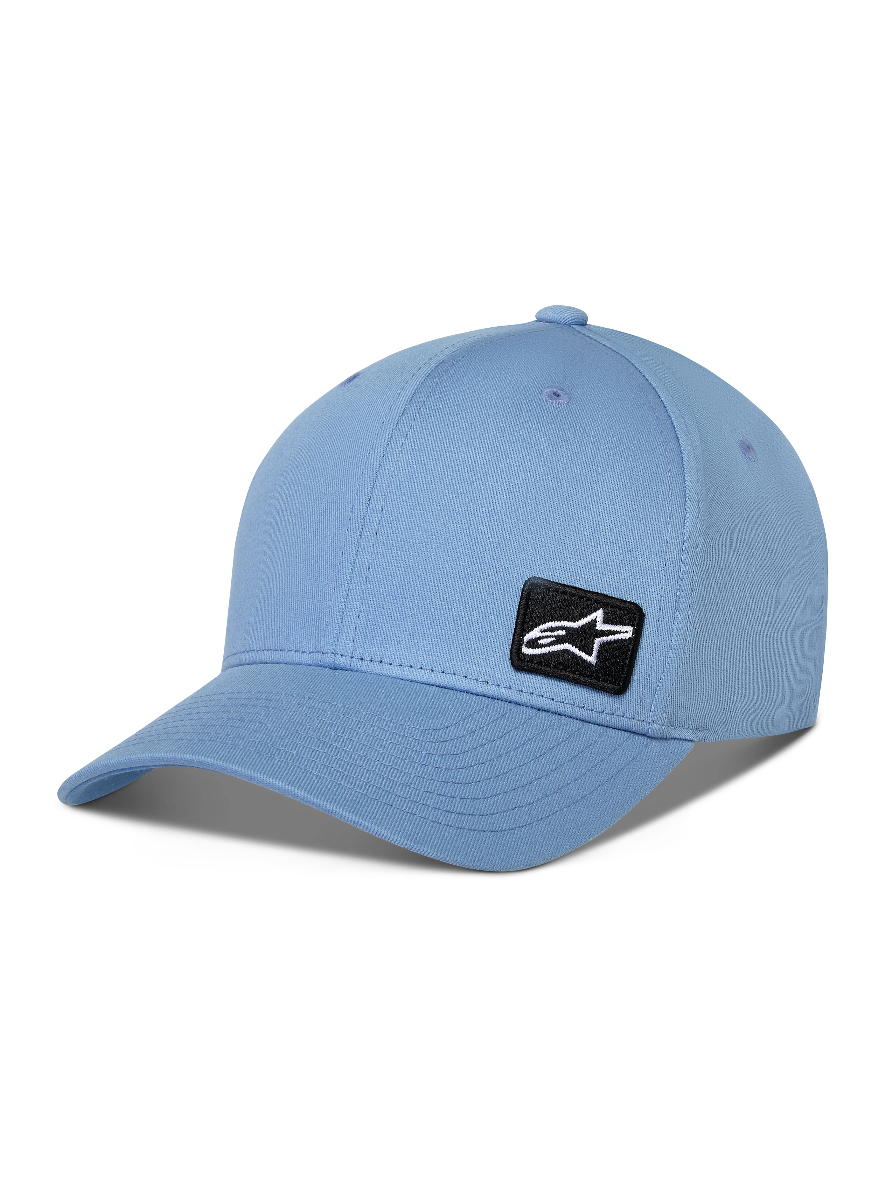 Alpinestars Pivot-pet, baseballcap met gebogen klep, blauw, met een kleine zwarte geborduurde Astars-logopatch aan de zijkant, casual sportswear-accessoire