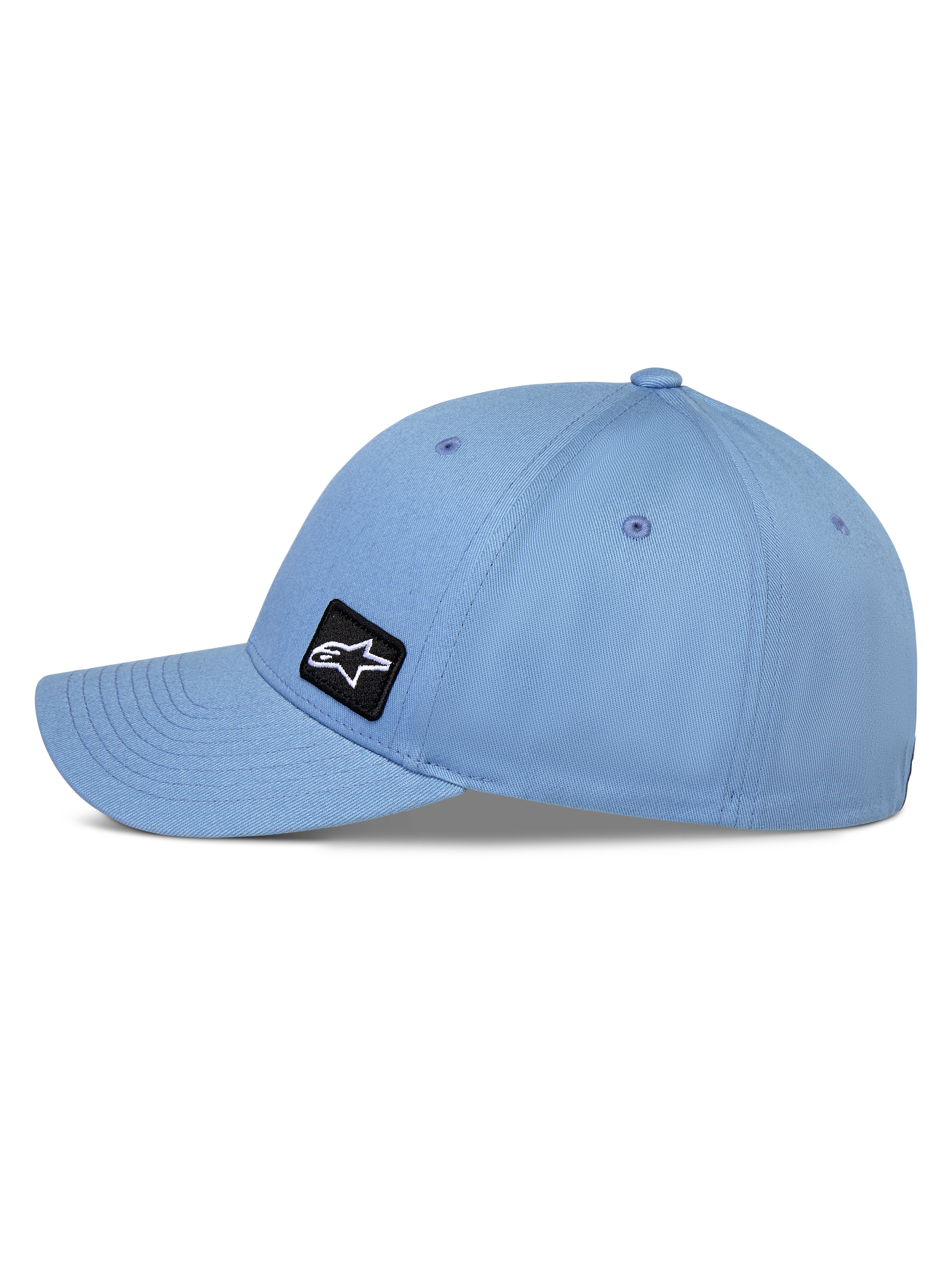 Alpinestars Pivot pet, blauw, baseballpet met gebogen klep, zijaanzicht met gestructureerde kroon en keperstof, kleine zwarte geborduurde Astars-logo patch, casual motorsport-geïnspireerde sportkleding