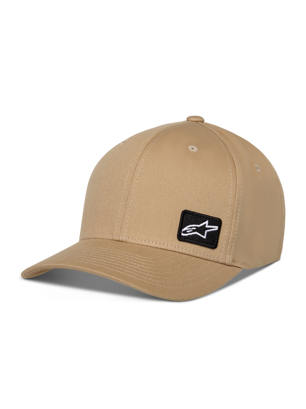 Alpinestars Pivot pet, casual baseballpet, khaki, gebogen klep met gestructureerde kroon, kleine zwarte vierkante patch met wit Astars-logo, katoenen keperstof sportswear hoofdbedekking