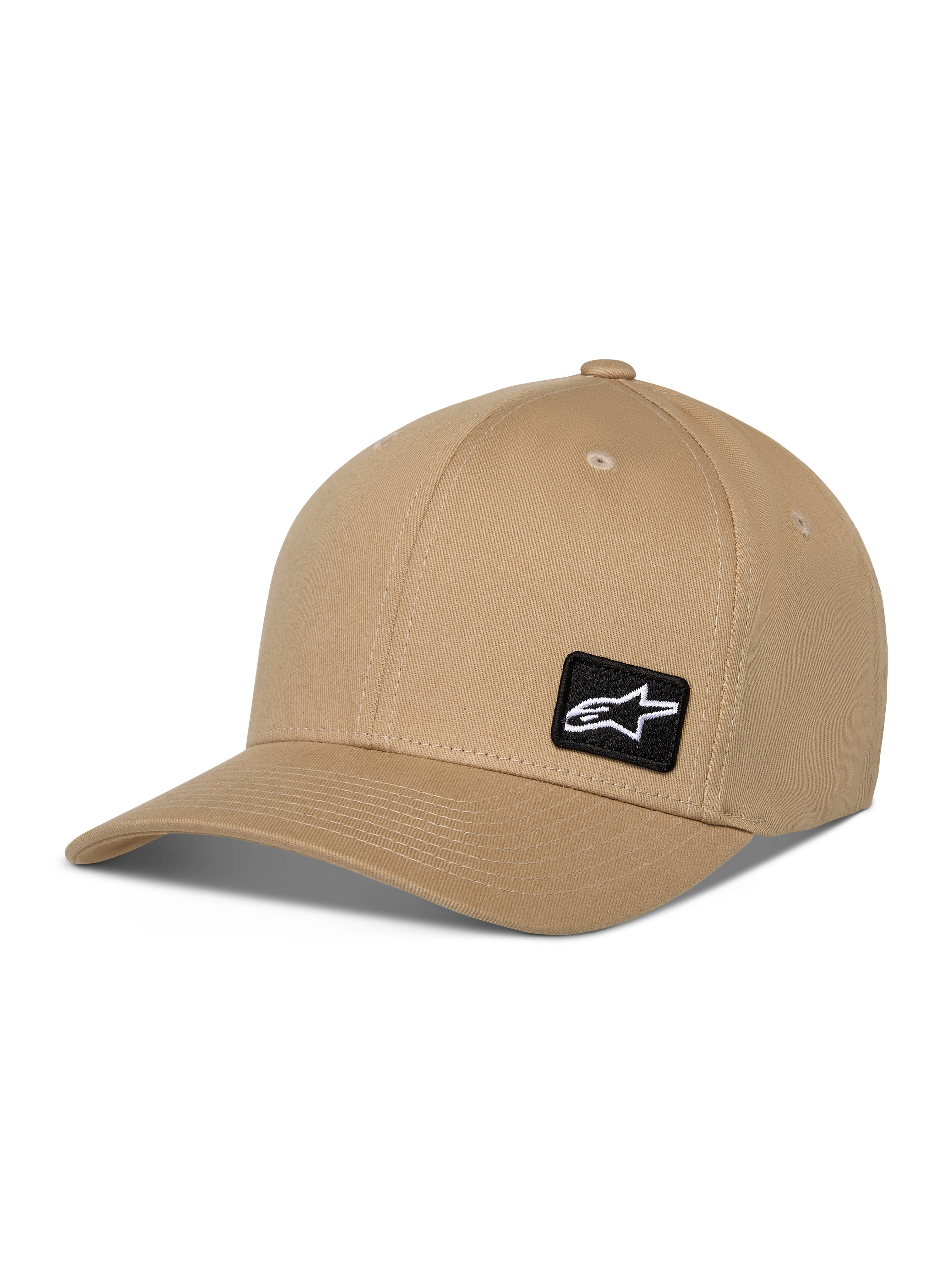 Casquette Alpinestars Pivot, casquette de baseball décontractée, couleur kaki, visière courbée avec couronne structurée, petit patch carré noir avec logo Astars blanc, couvre-chef sportswear en sergé de coton