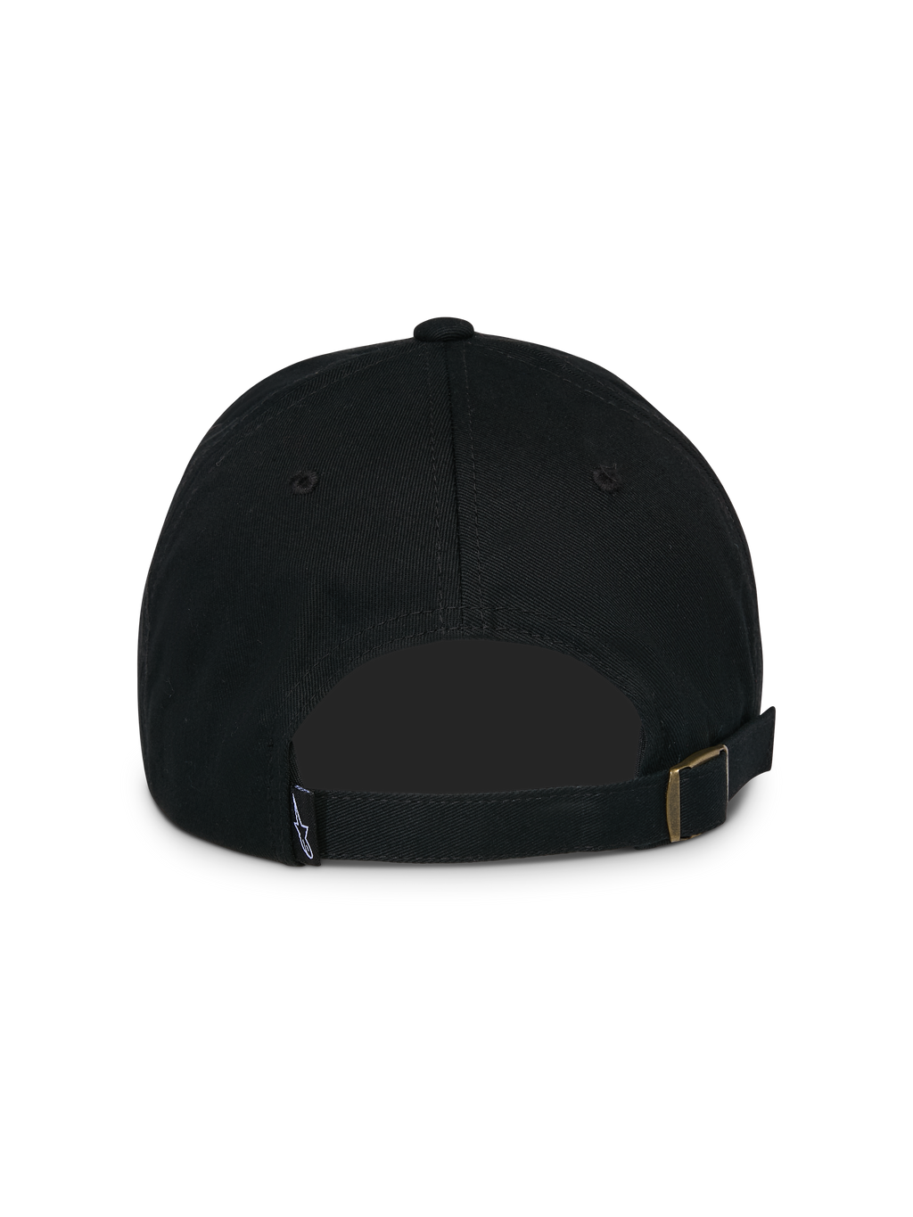 Alpinestars Calipalm Strapback pet, zwart, achteraanzicht met verstelbare strapback-sluiting en metalen gesp, klein geweven logolabel, ongestructureerde constructie van katoenen keperstof