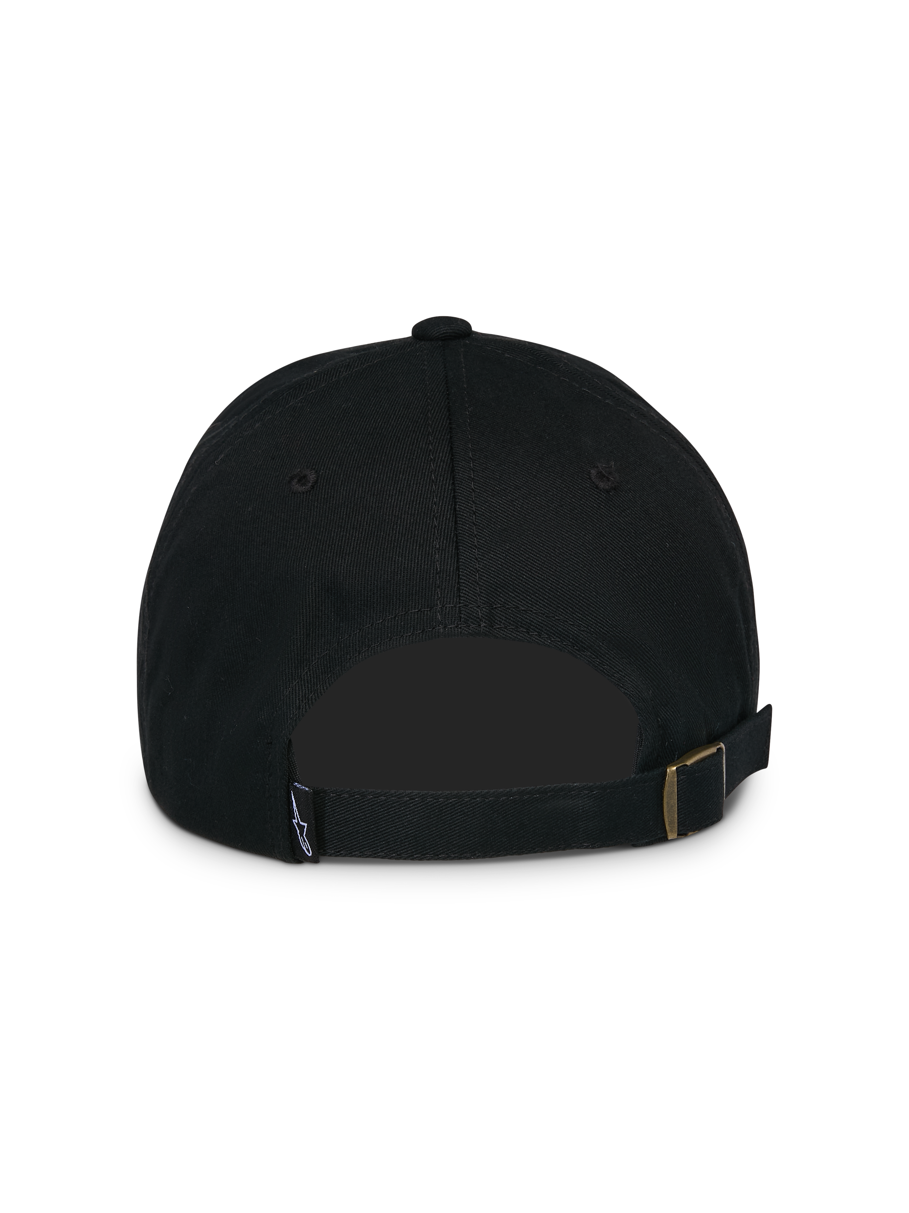 Alpinestars Calipalm Strapback pet, zwart, achteraanzicht met verstelbare strapback-sluiting en metalen gesp, klein geweven logolabel, ongestructureerde constructie van katoenen keperstof