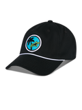 Alpinestars Calipalm Strapback pet, zwart, ongestructureerde lage kroon met gebogen klep, wit koorddetail, ronde patch op de voorzijde met een palmboom en limegroen Astars-logo, casual sportkleding