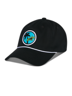 Alpinestars Calipalm Strapback pet, zwart, ongestructureerde lage kroon met gebogen klep, wit koorddetail, ronde patch op de voorzijde met een palmboom en limegroen Astars-logo, casual sportkleding