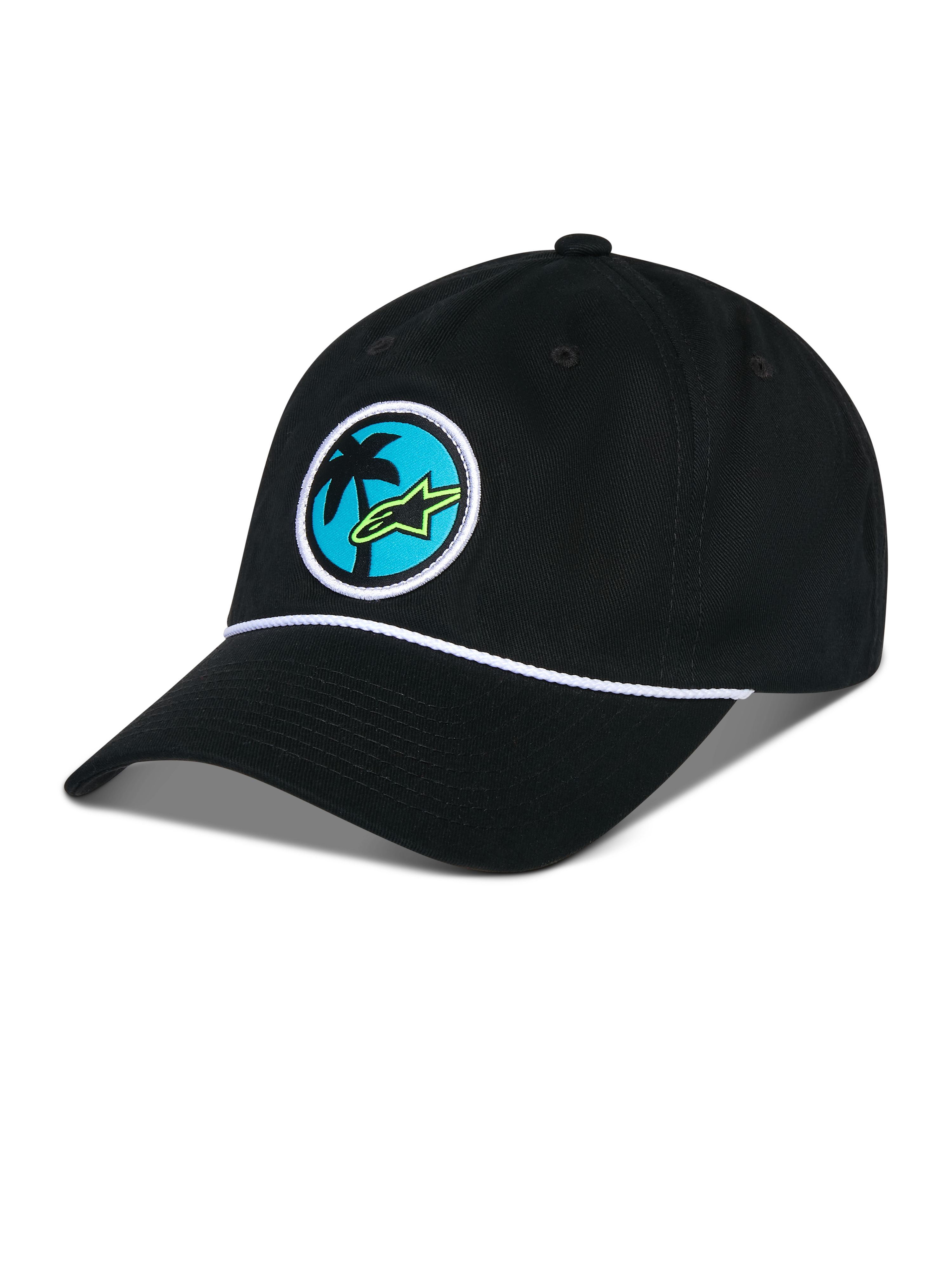 Alpinestars Calipalm Strapback pet, zwart, ongestructureerde lage kroon met gebogen klep, wit koorddetail, ronde patch op de voorzijde met een palmboom en limegroen Astars-logo, casual sportkleding
